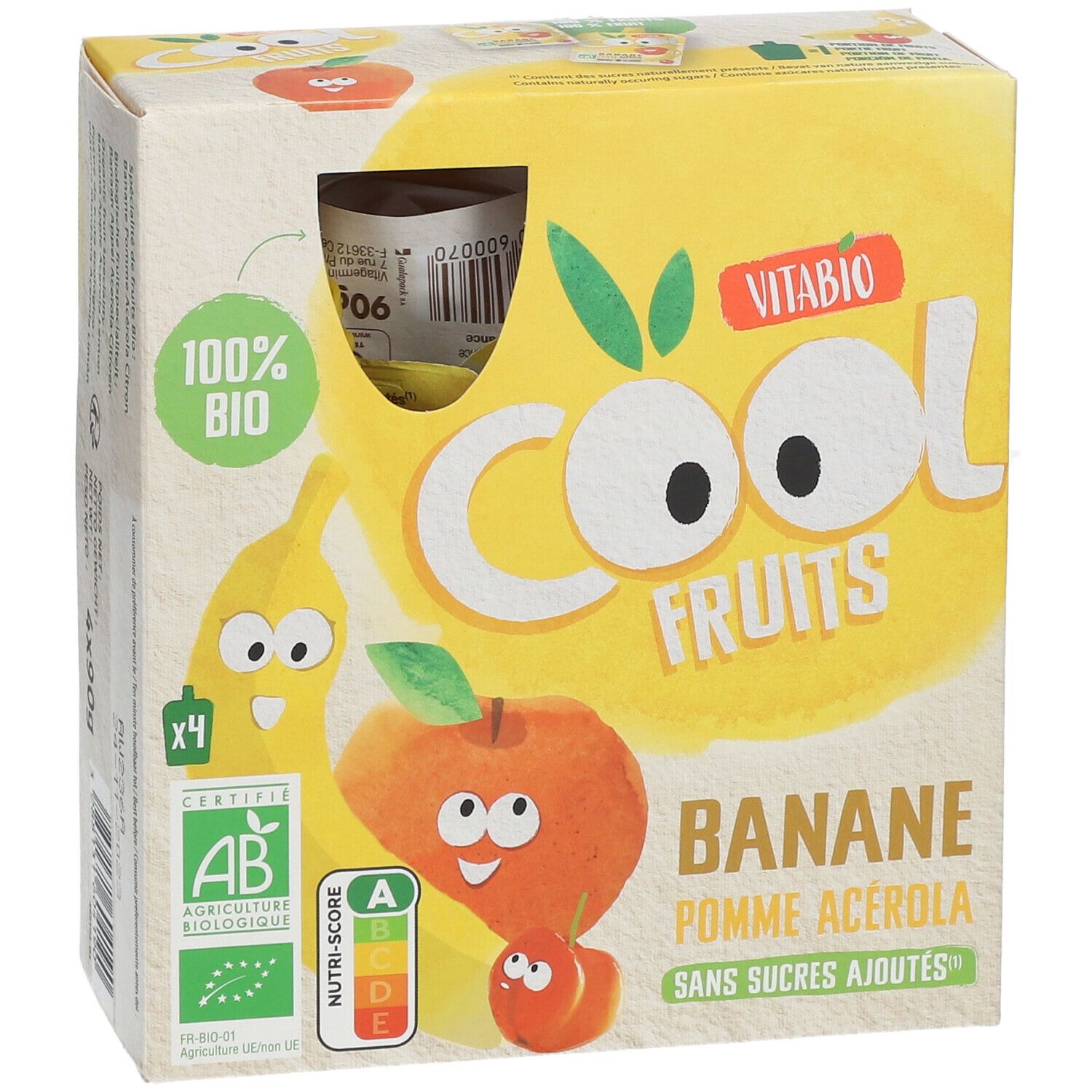 Verpakking Vitabio Cool Fruits. Opschriften: Banane Pomme Acerola, 100% Bio, AB-certificering, Nutri-Score.