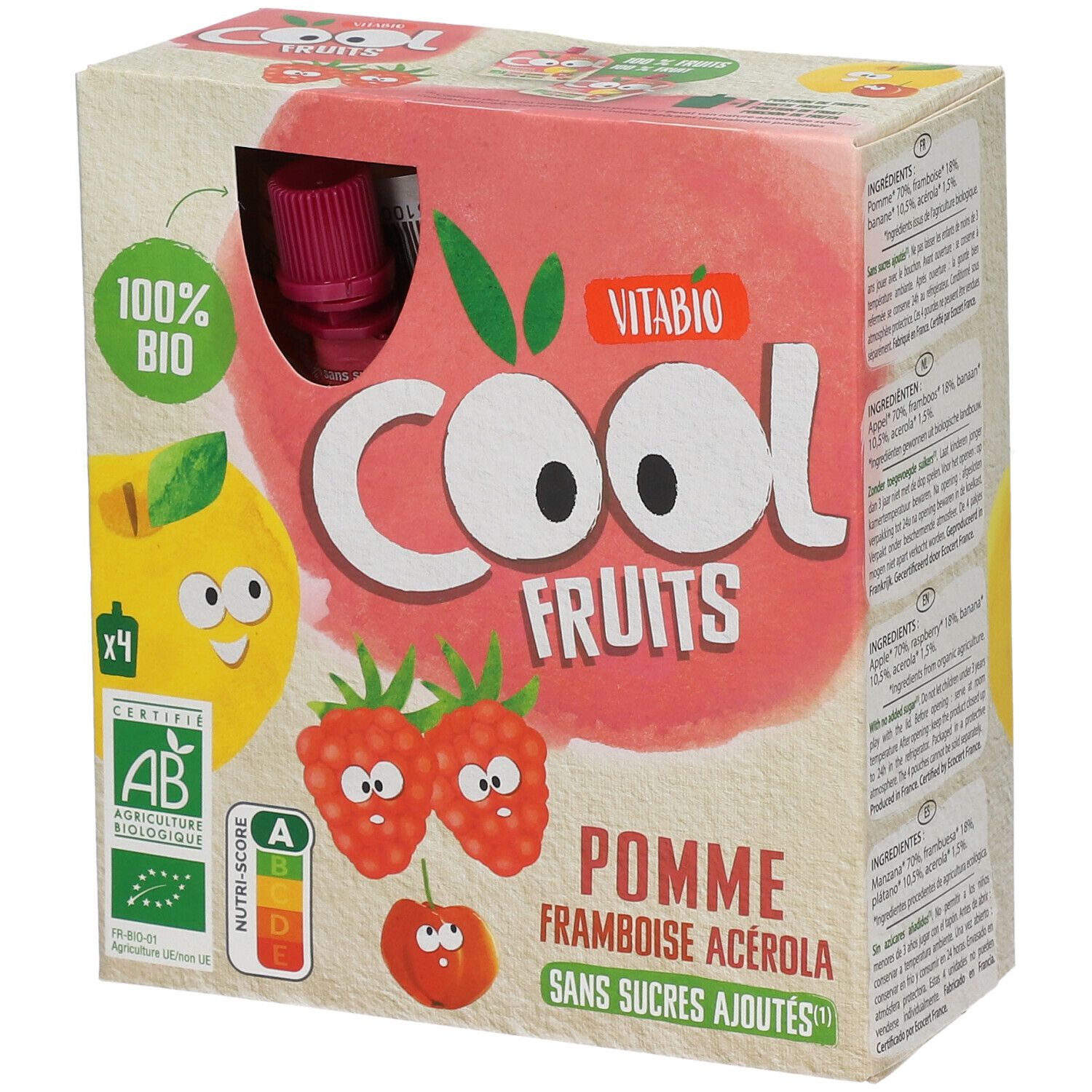 Verpakking Cool Fruits appel, framboos, acerola. Bio-certificering, Nutri-Score. 4 zakjes zichtbaar.
