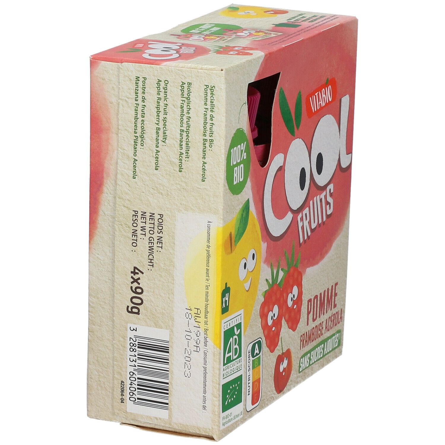 Zijkant verpakking Cool Fruits. Tekst: 4x90g, barcode, houdbaarheidsdatum. Bio-certificering, Nutri-Score.