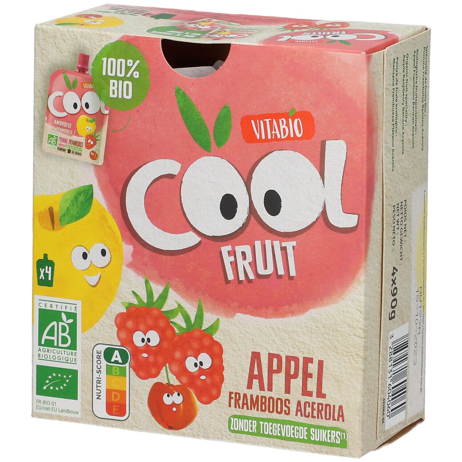 Verpakking Cool Fruits appel, framboos, acerola. Bio-certificering, Nutri-Score. Nederlandse tekst.