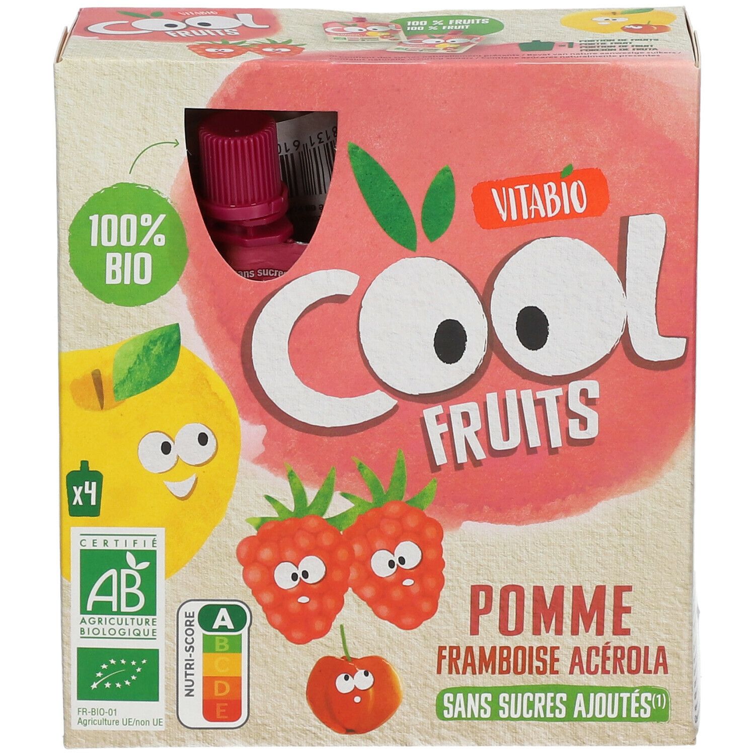 Verpakking Cool Fruits appel, framboos, acerola. Bio-certificering, Nutri-Score. 4 zakjes zichtbaar.