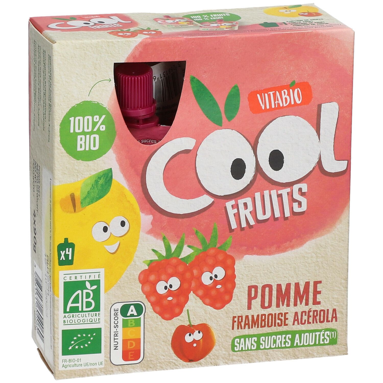 Verpakking Cool Fruits appel, framboos, acerola. Bio-certificering, Nutri-Score. 4 zakjes zichtbaar.