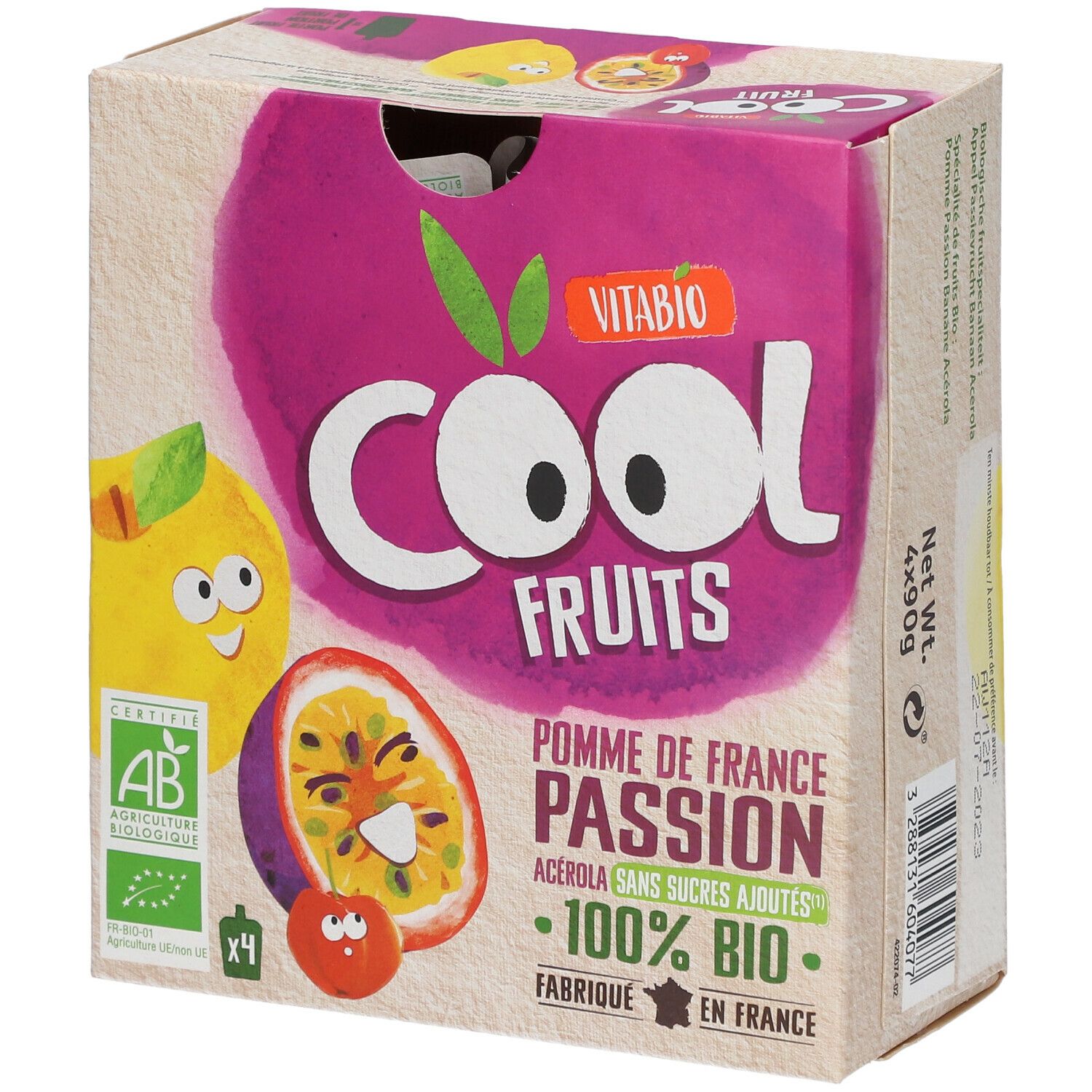 Verpakking Vitabio Cool Fruits Pomme - Fruit de la Passion Bio. Bevat 4 zakjes. AB Bio-label.