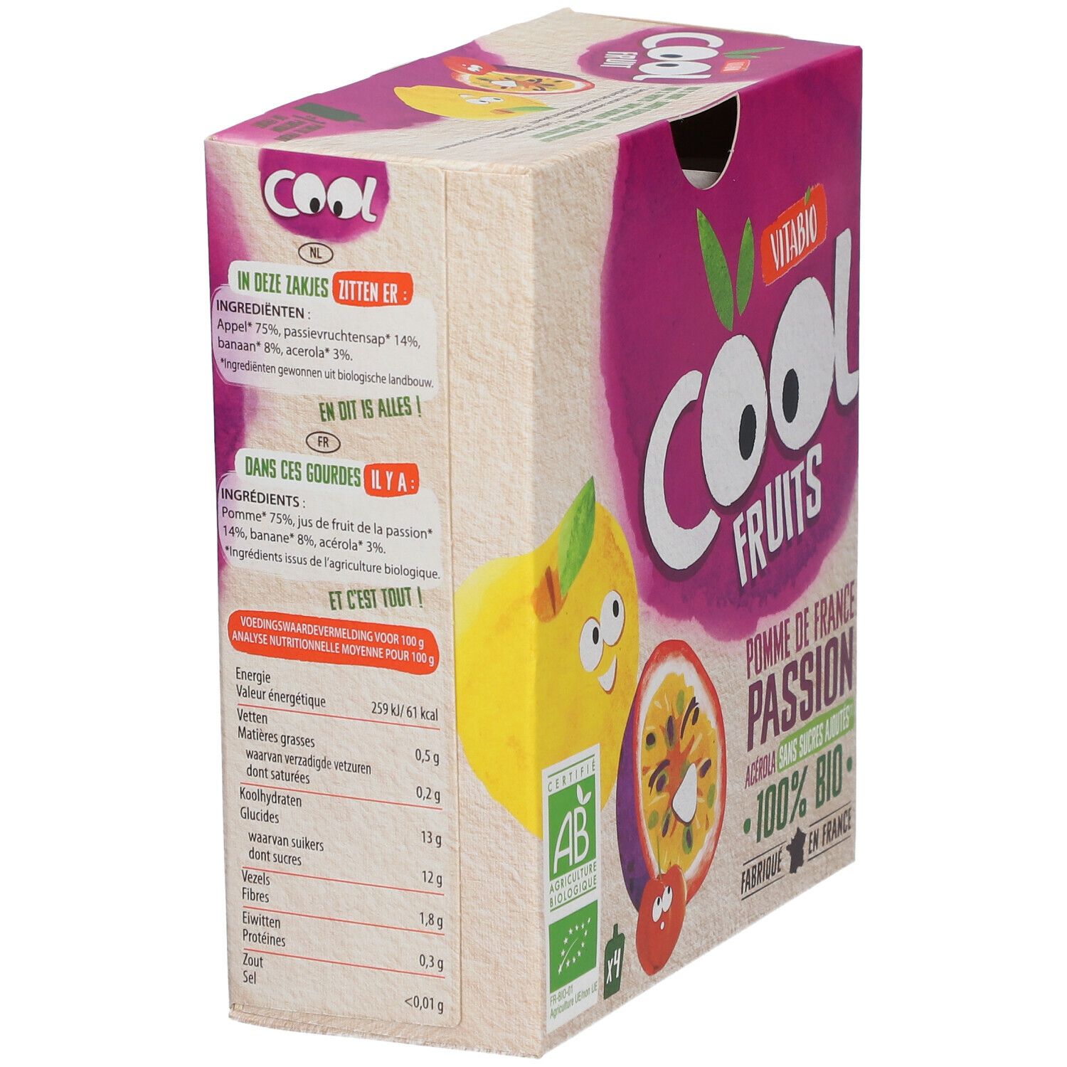 Verpakking Vitabio Cool Fruits. Bevat ingrediënten en voedingswaarde-informatie. AB Bio-label.