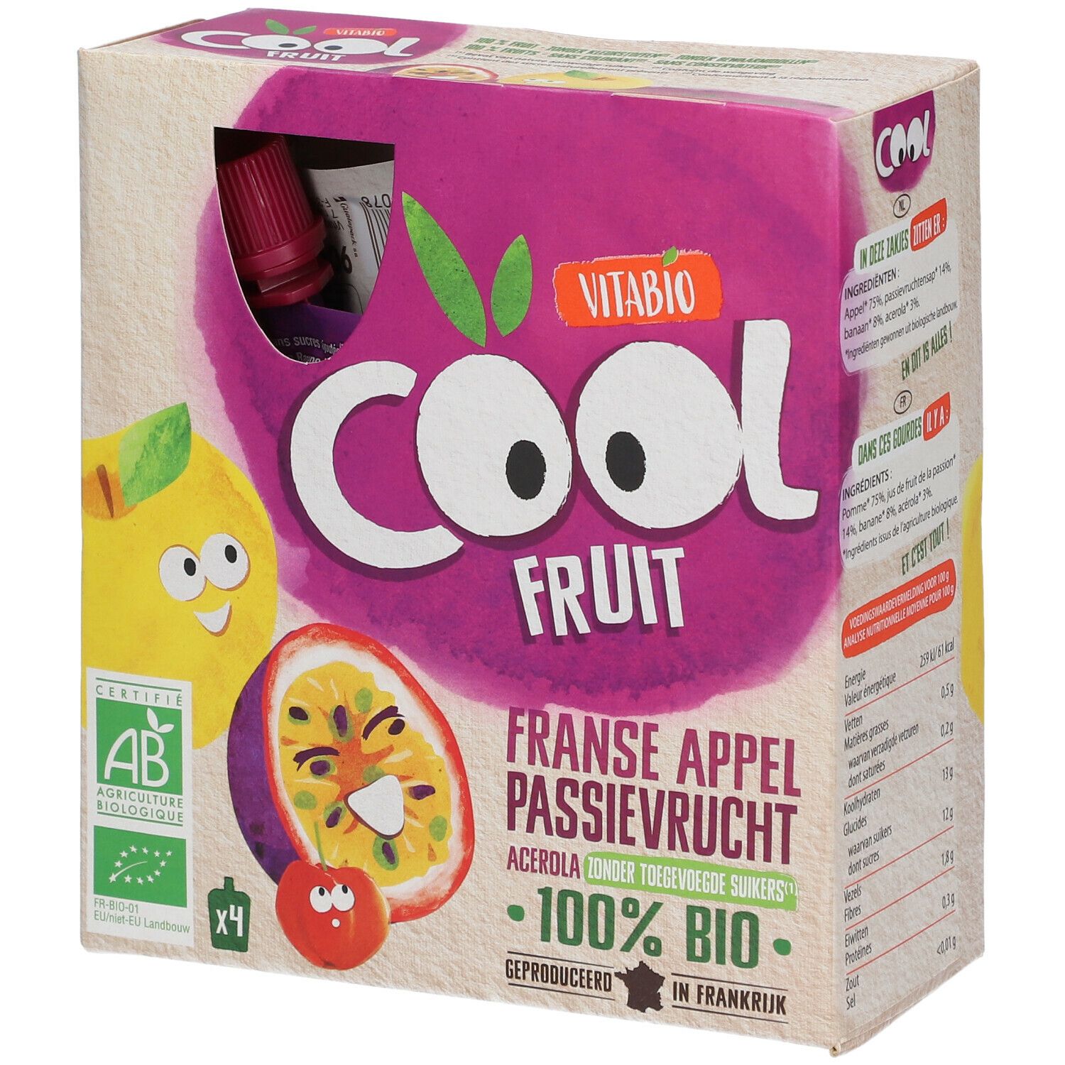 Verpakking Vitabio Cool Fruits. Bevat 4 zakjes. AB Bio-label. Geproduceerd in Frankrijk.
