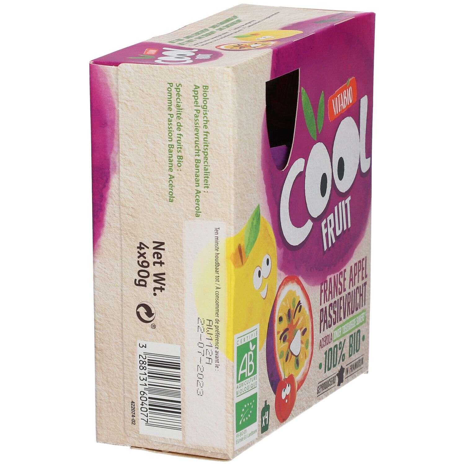 Verpakking Vitabio Cool Fruits. Bevat 4 zakjes. AB Bio-label. Geproduceerd in Frankrijk.