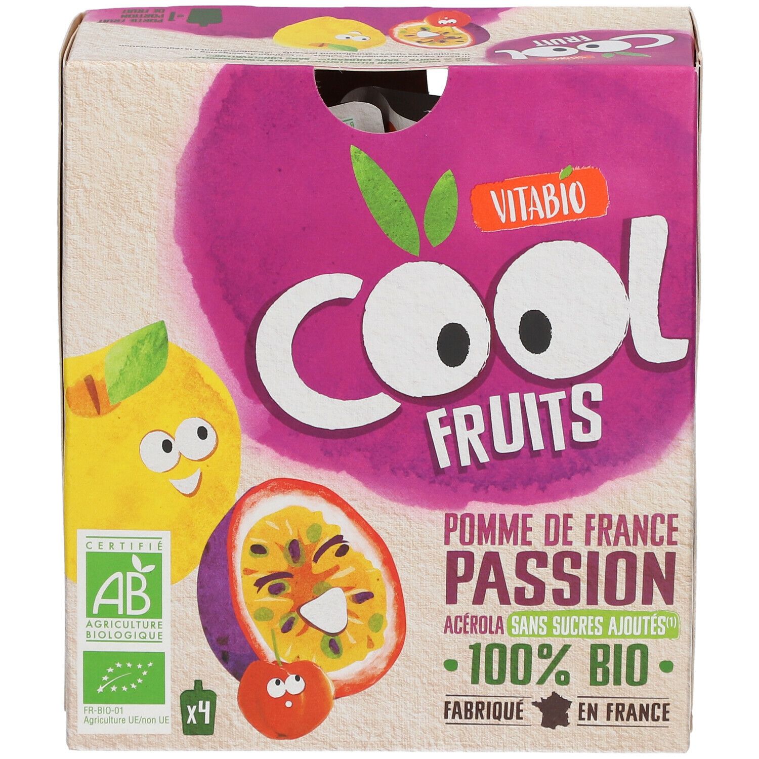 Verpakking Vitabio Cool Fruits Pomme - Fruit de la Passion Bio. Bevat 4 zakjes. AB Bio-label.