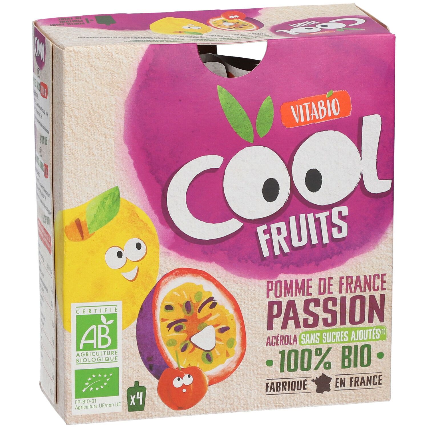Verpakking Vitabio Cool Fruits Pomme - Fruit de la Passion Bio. Bevat 4 zakjes. AB Bio-label.