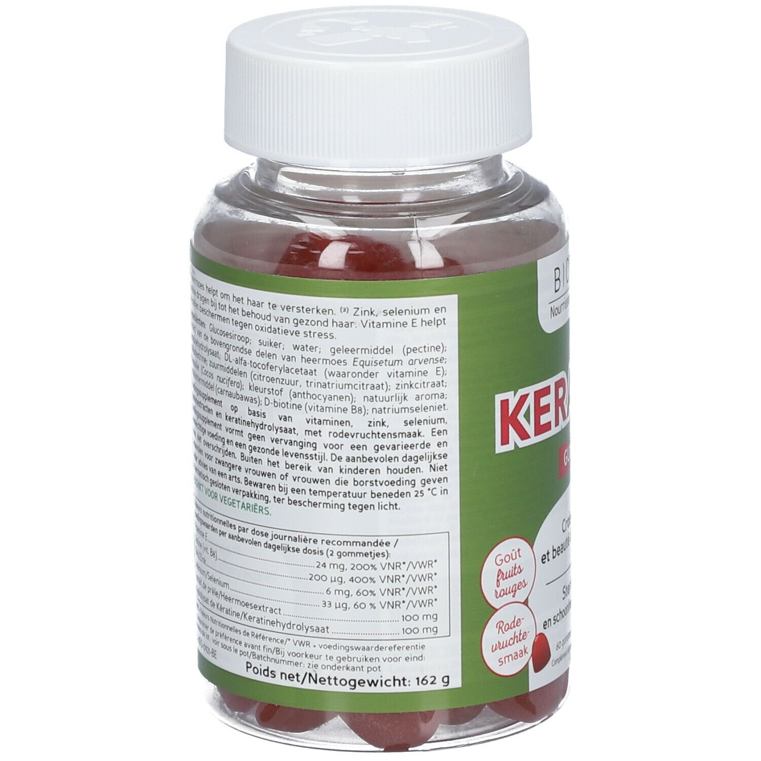 Dos du flacon. Texte avec ingrédients et informations nutritionnelles. "Keratine Gummies" et "Biocyte" visibles.