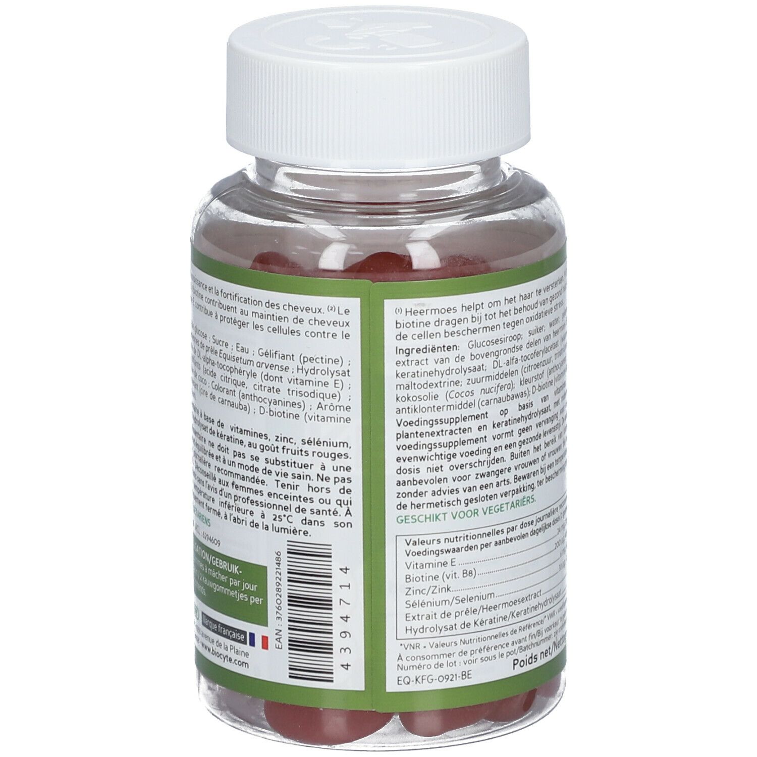 Dos du flacon. Texte avec ingrédients et informations nutritionnelles. "Keratine Gummies" et "Biocyte" visibles.