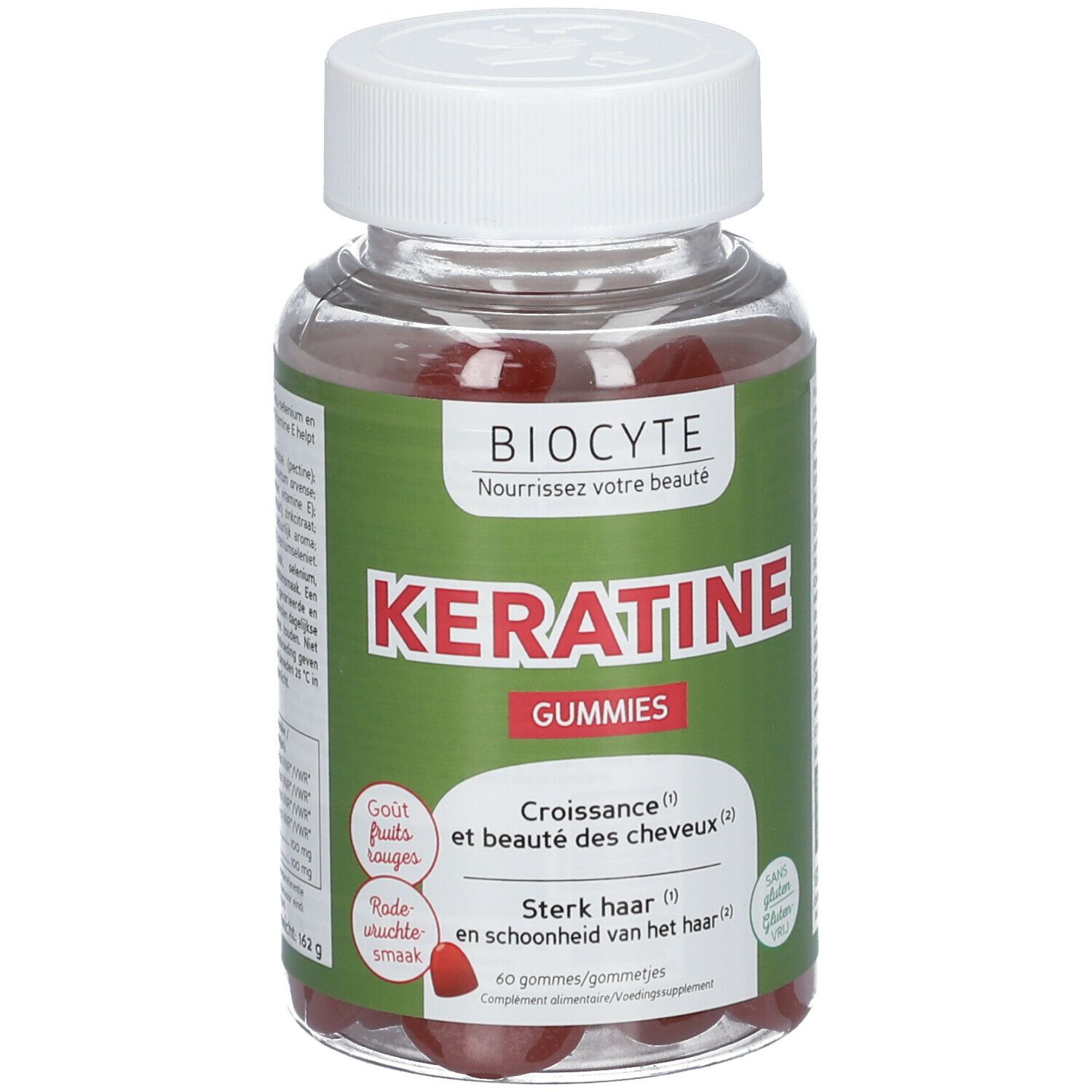 Flacon transparent avec bouchon blanc. Gummies rouges visibles. Étiquette "Biocyte Keratine Gummies".
