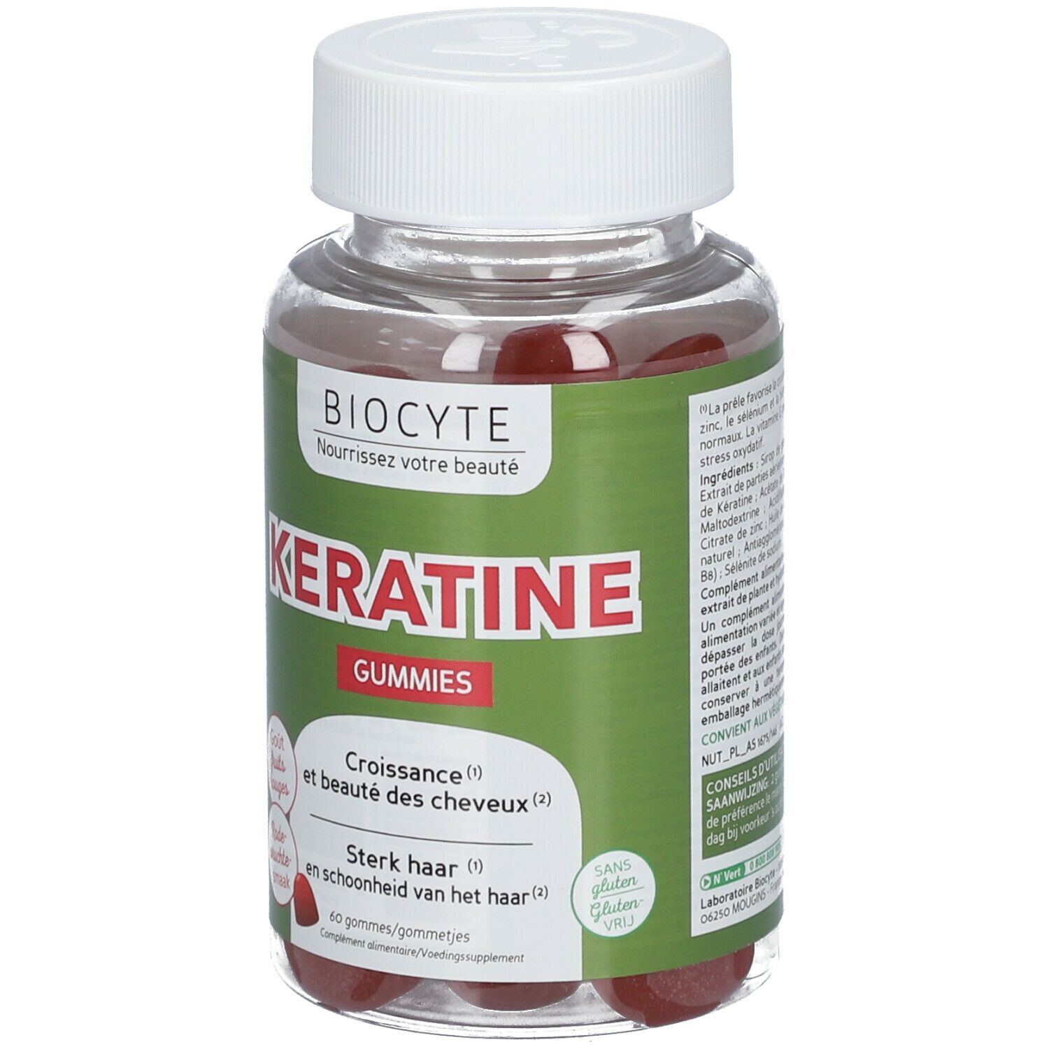 Flacon transparent avec bouchon blanc. Gummies rouges visibles. Étiquette "Biocyte Keratine Gummies".
