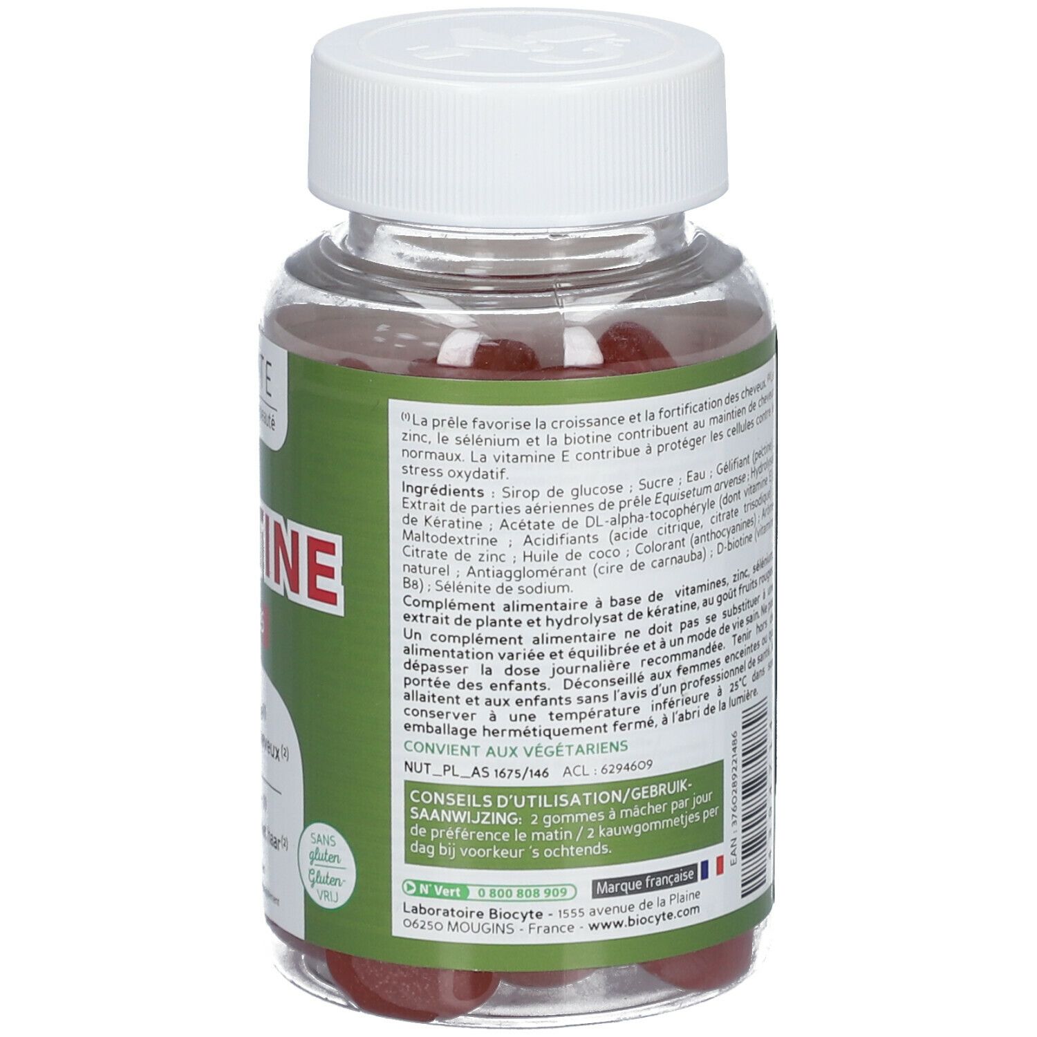 Dos du flacon. Texte avec ingrédients et informations nutritionnelles. "Keratine Gummies" et "Biocyte" visibles.