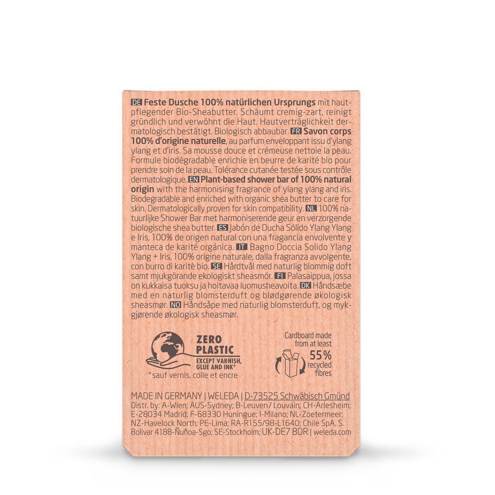 Achterkant van de kartonnen verpakking. Tekst over ingrediënten, herkomst, certificeringen en recycling. Gemaakt in Duitsland.