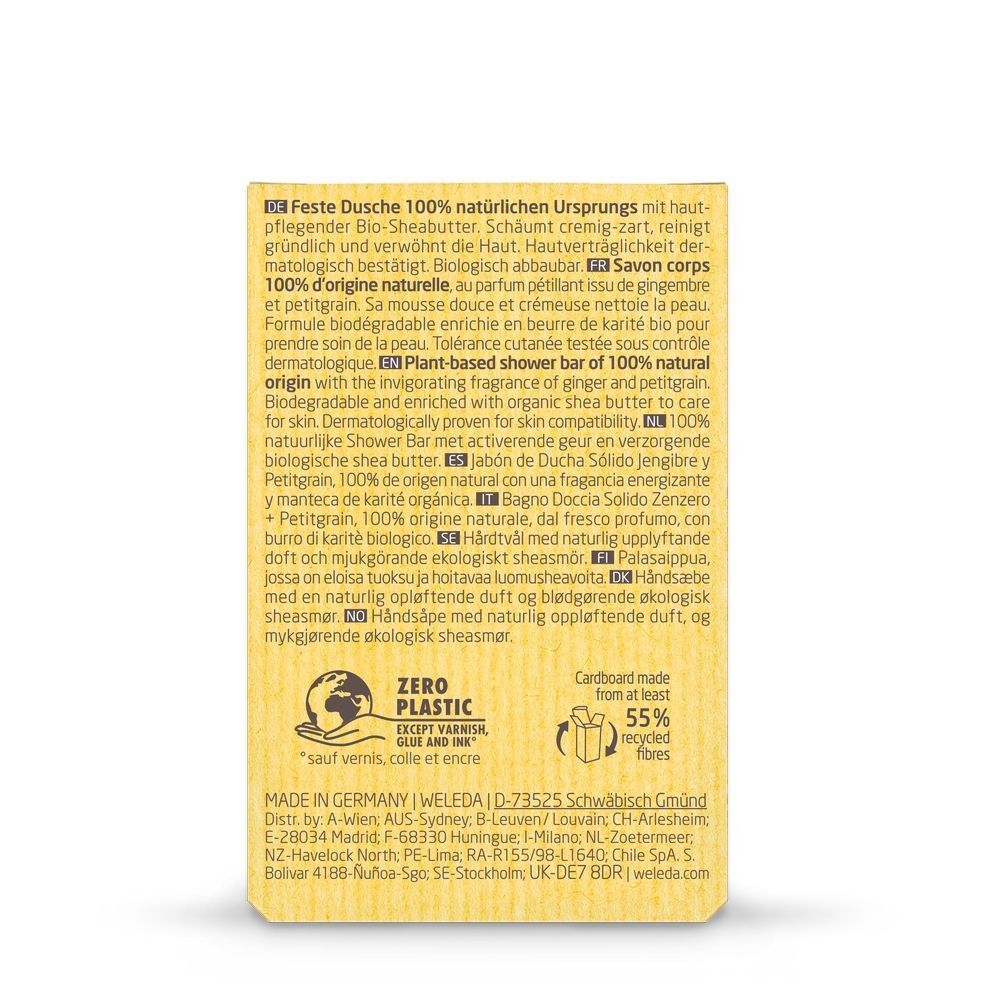 Achterkant van de verpakking. Tekst in meerdere talen. Info over ingrediënten, herkomst en certificeringen. "ZERO PLASTIC"-logo.