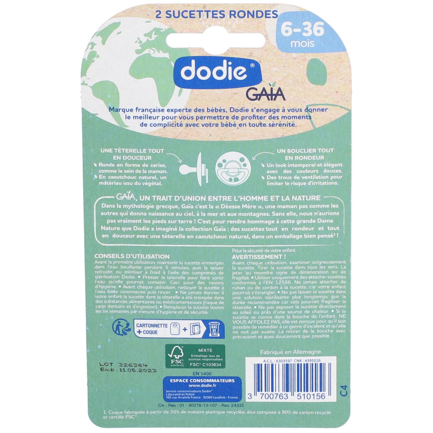 Rückseite der Verpackung mit Text. Marke Dodie, Text über Naturkautschuk. FSC-Logo, Altersempfehlung: 6-36 Monate.