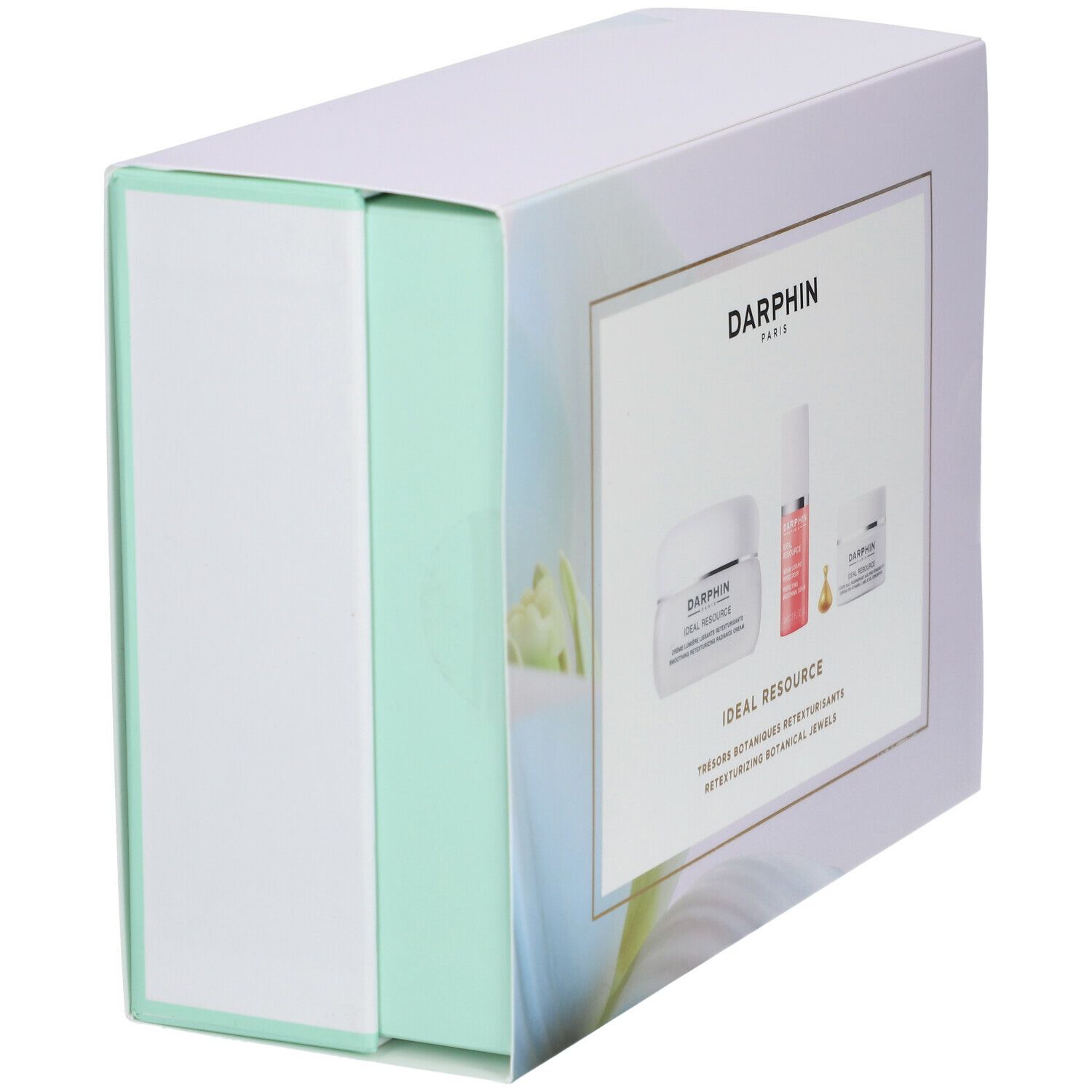 Cadeauset verpakking, wit met lichtgroene accenten. Bedrukt met productafbeeldingen en de tekst DARPHIN.