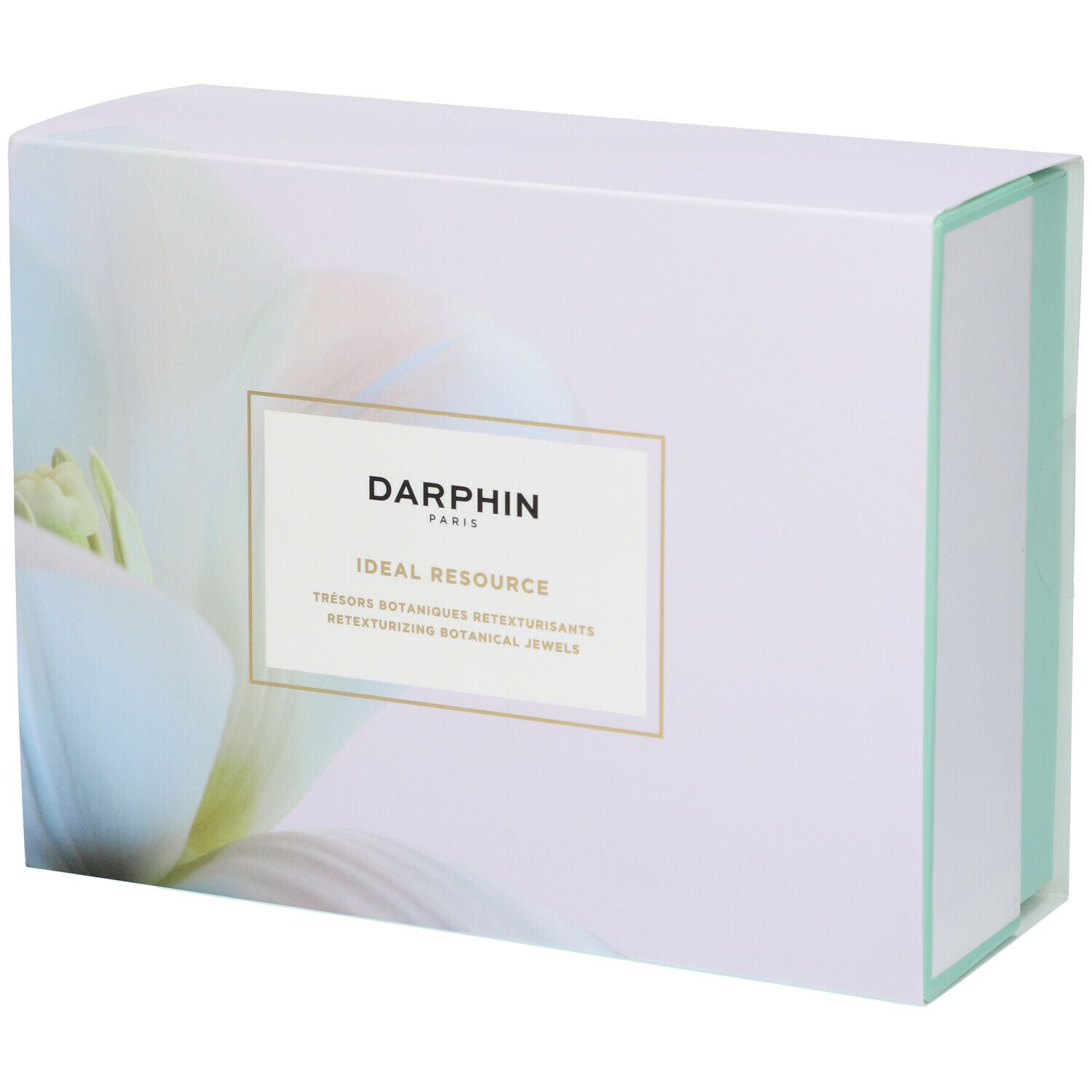 Witte geschenkdoos met bloemenachtergrond. Gouden kader met de tekst DARPHIN en productnaam.
