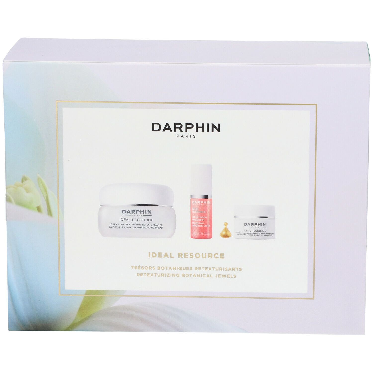 Cadeauset met drie cosmetische producten. Witte doos met productafbeeldingen en de tekst DARPHIN.