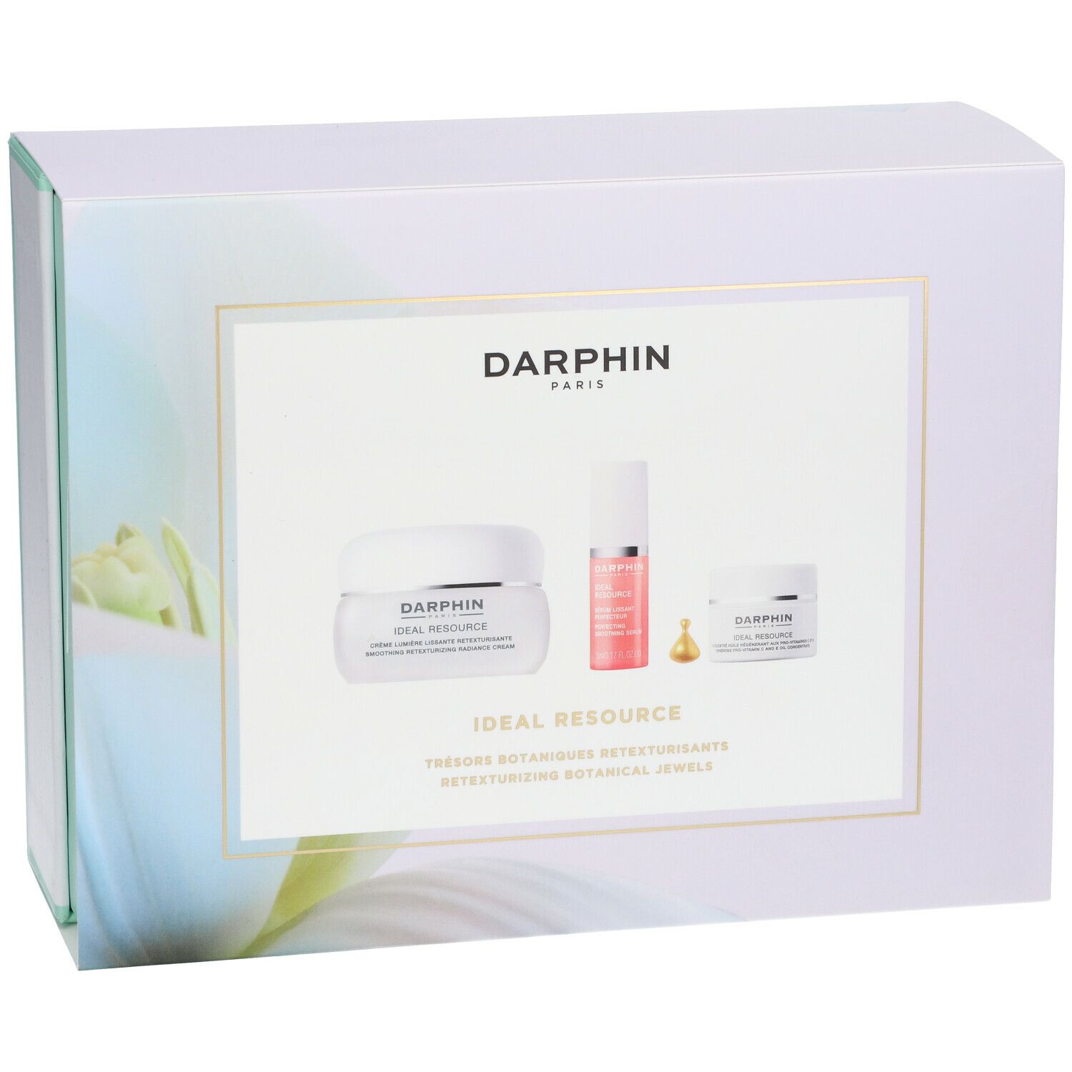 Cadeauset met drie cosmetische producten. Witte doos met productafbeeldingen en de tekst DARPHIN.