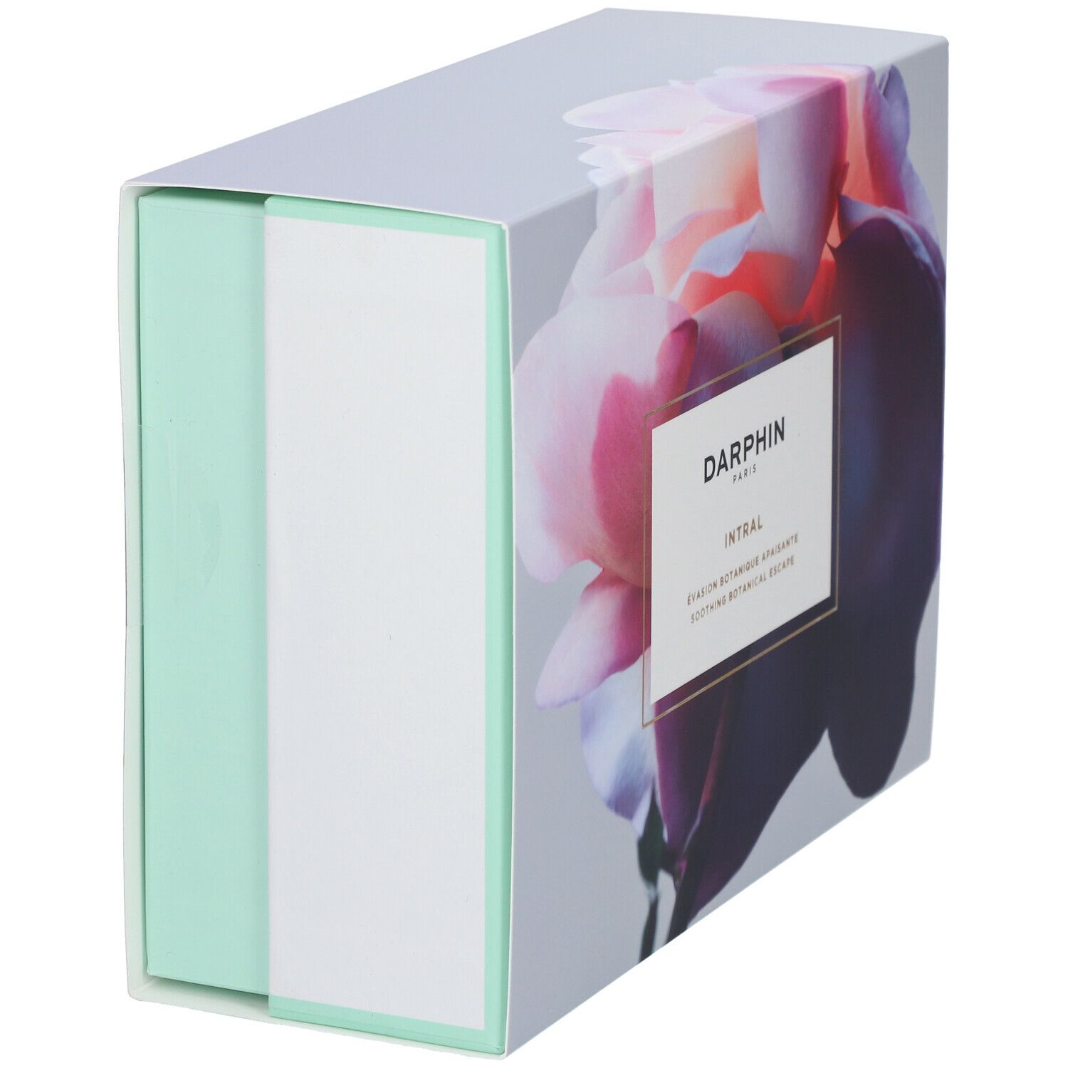 Cadeaudoos met bloemenontwerp. Opschrift: DARPHIN. Mintgroene en witte accenten. Bevat vier producten, roze vloeistoffen en crèmes.