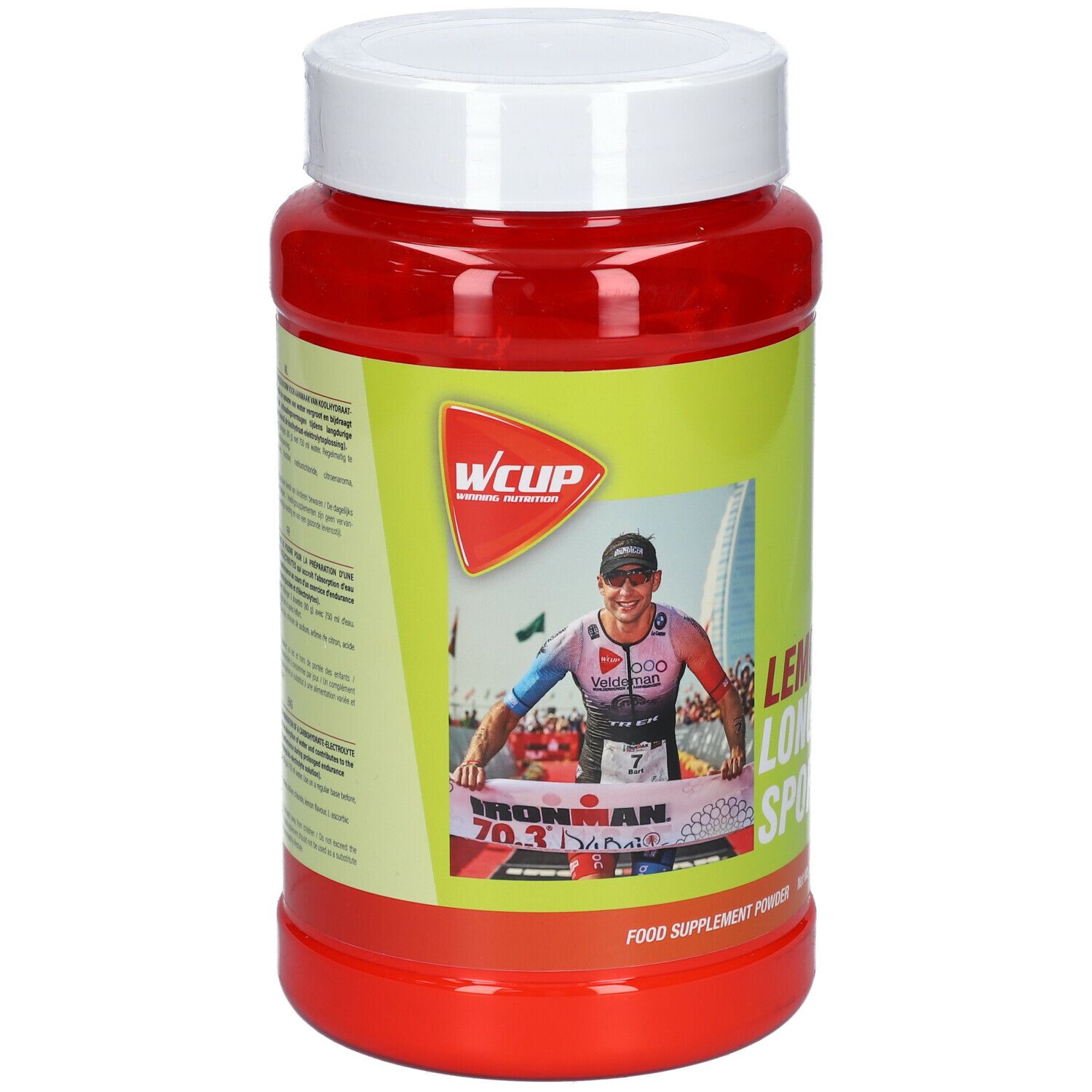 Rote Dose mit weißem Deckel. Aufkleber mit Logo, Athlet und Text: Lemon Long Distance Sport. Nahrungsergänzungsmittel.