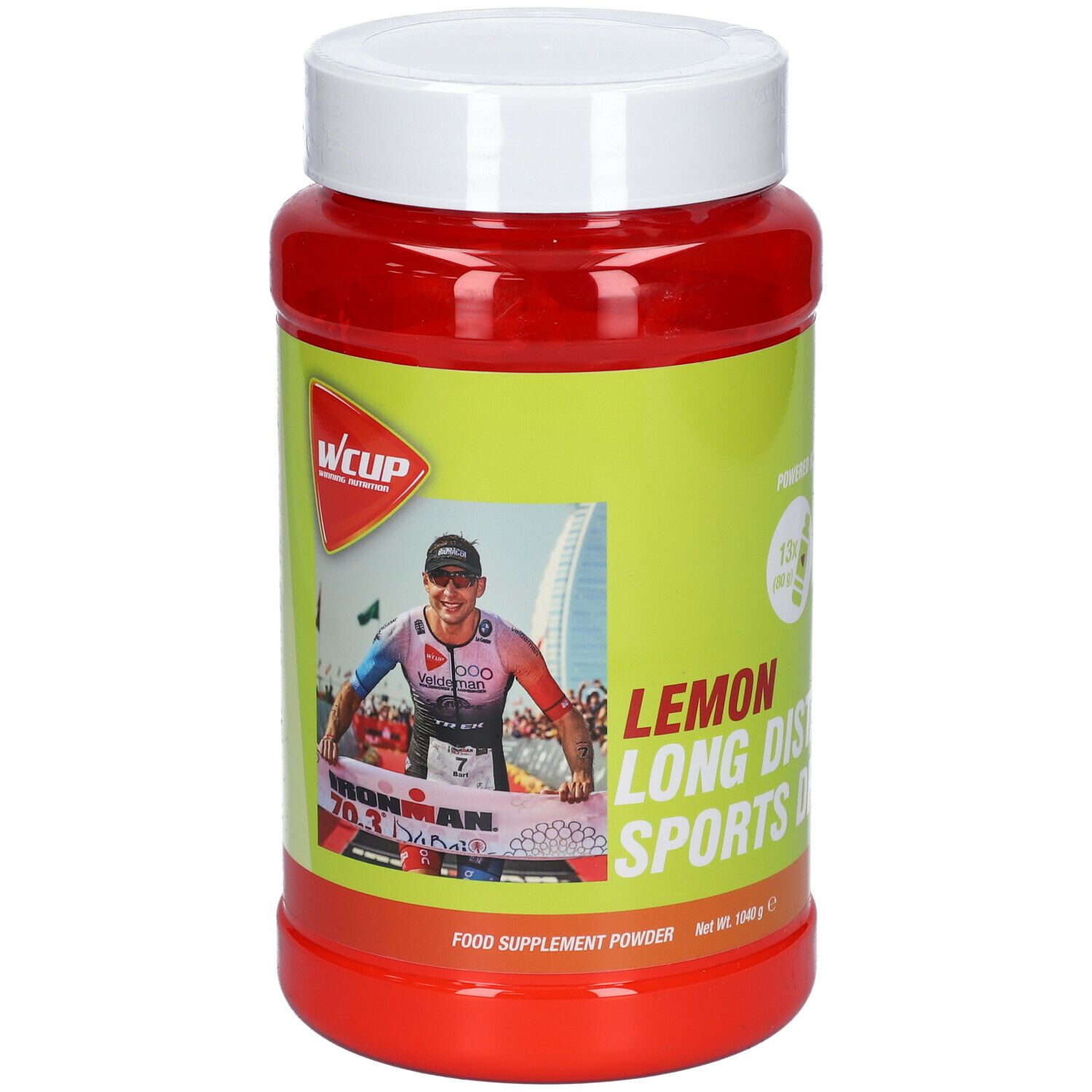 Rote Dose mit weißem Deckel. Aufkleber mit Logo, Athlet und Text: Lemon Long Distance Sports Drink. Nahrungsergänzungsmittel.