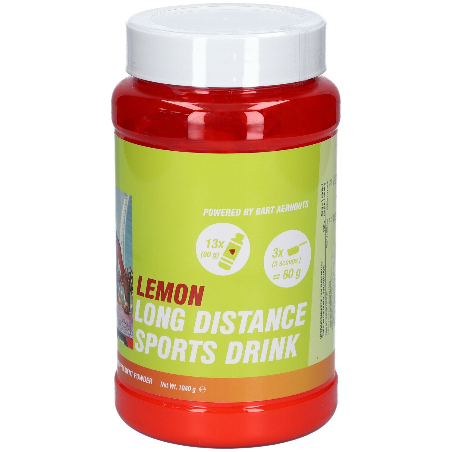 Rote Dose mit weißem Deckel. Aufkleber mit Logo, Text: Lemon Long Distance Sports Drink. Nahrungsergänzungsmittel. 1040g.