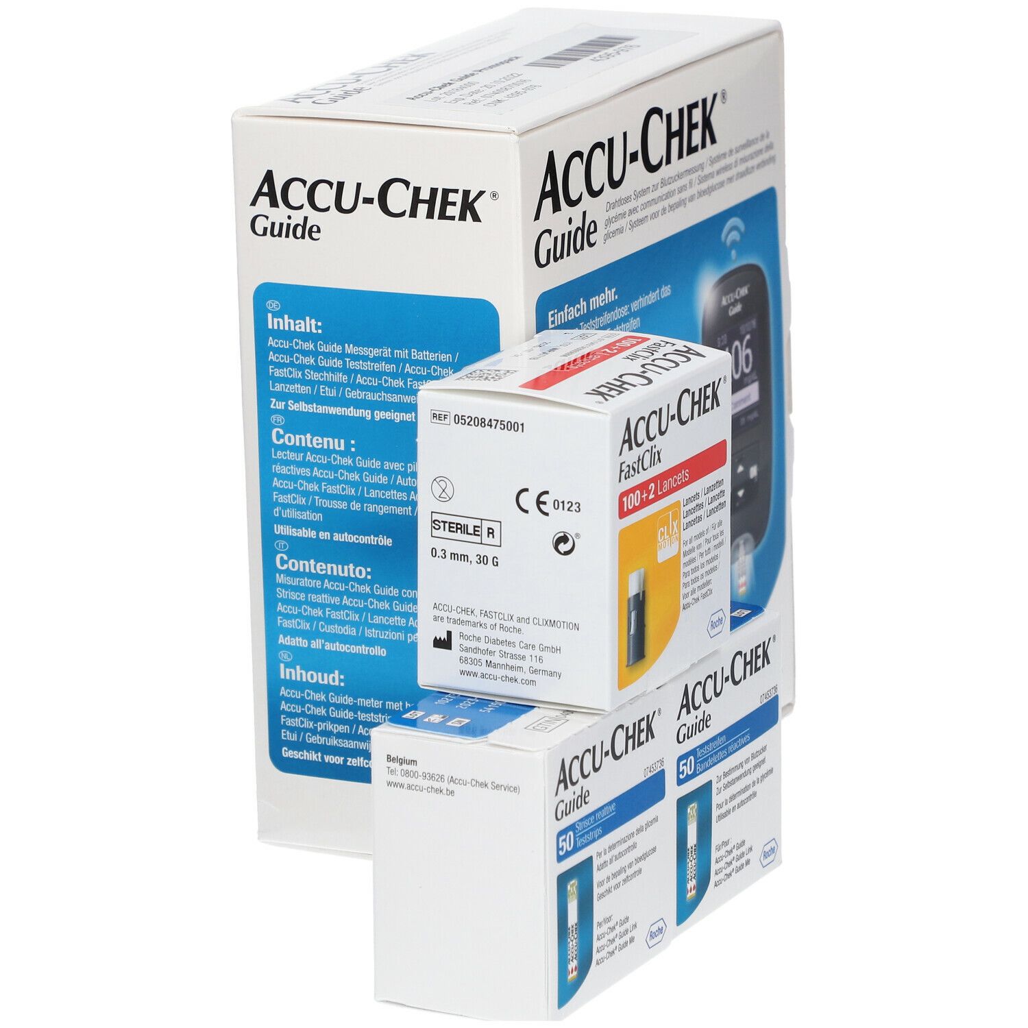 Accu-Chek Guide Promopack. Emballage avec bandelettes et lancettes. Boîtes individuelles et un emballage plus grand.