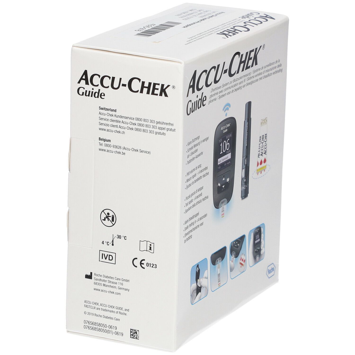 Emballage Accu-Chek Guide. Informations et marquage CE sur l'emballage.