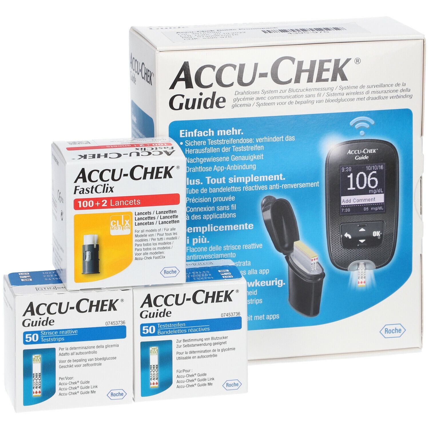 Accu-Chek Guide Promopack. Emballage avec lecteur de glycémie, bandelettes et lancettes. Plusieurs boîtes.