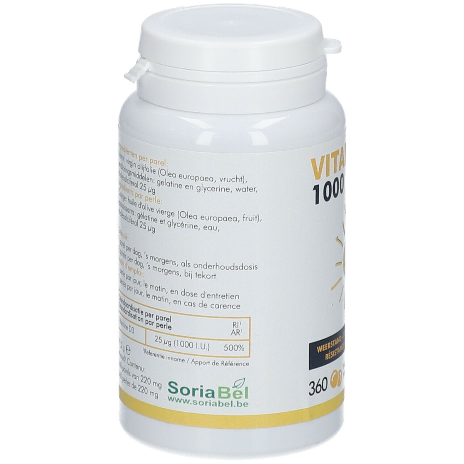 Dos du flacon. Contient des informations sur les ingrédients et le dosage. Marque: SoriaBel. 360 perles.