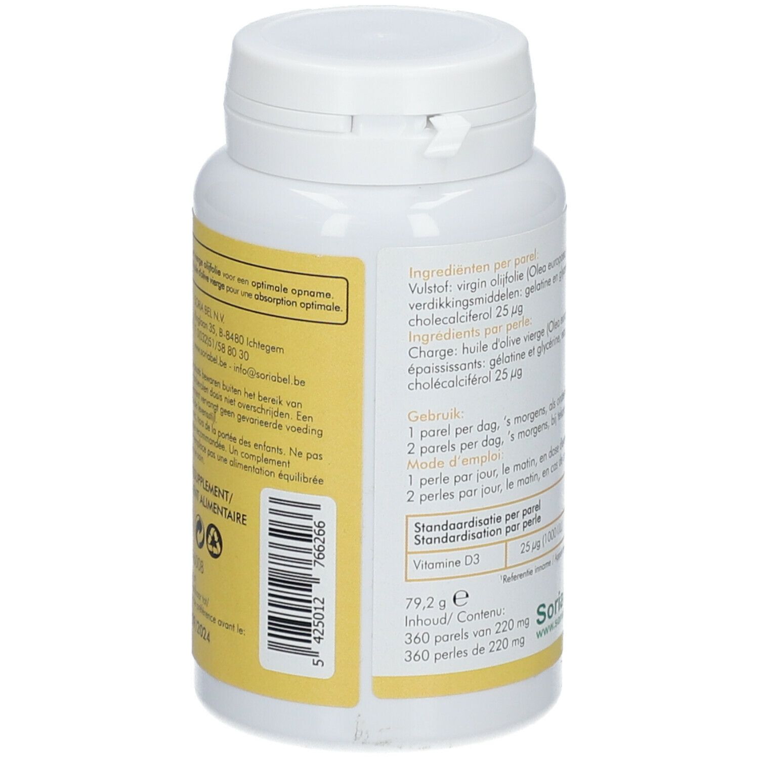 Dos du flacon avec informations sur les ingrédients et le dosage. Marque: SoriaBel. 360 perles.