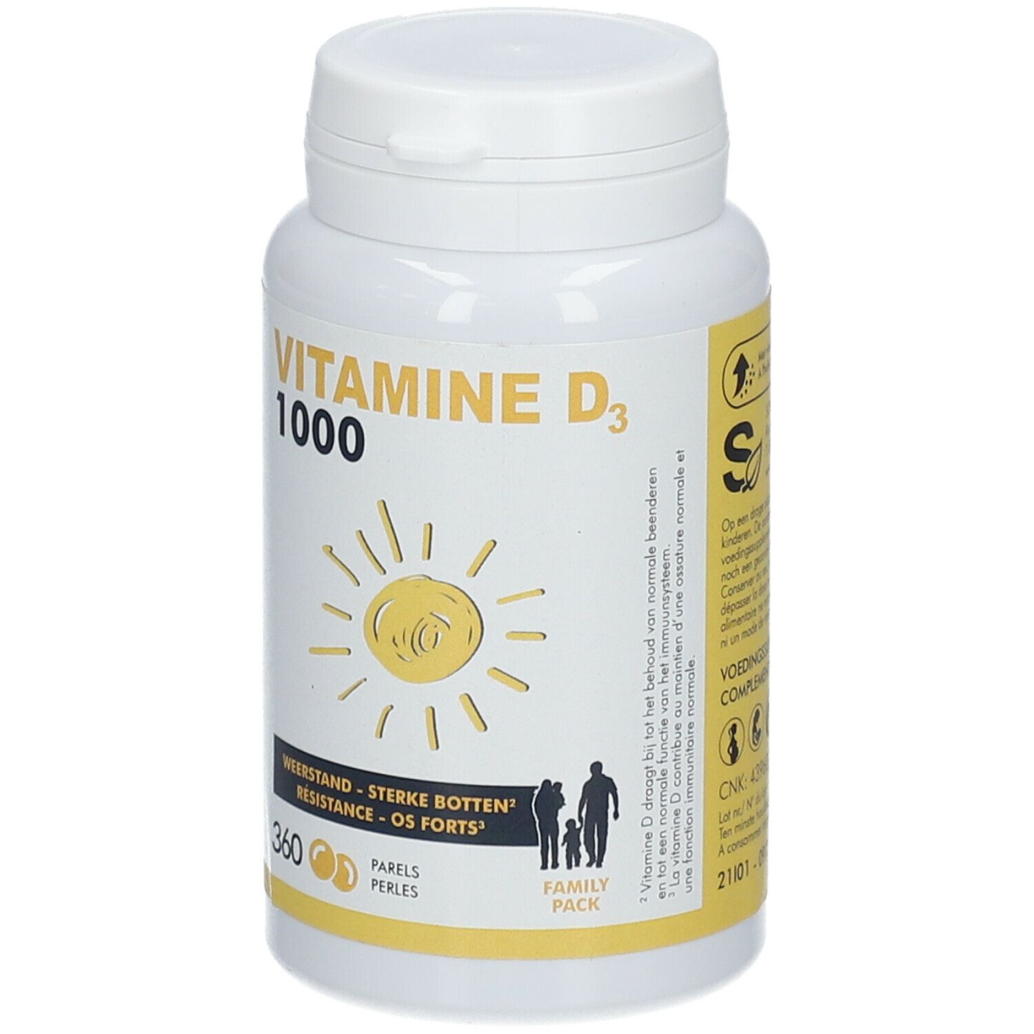 Flacon blanc avec étiquette jaune. Inscription: VITAMINE D3 1000. 360 perles. Format familial.