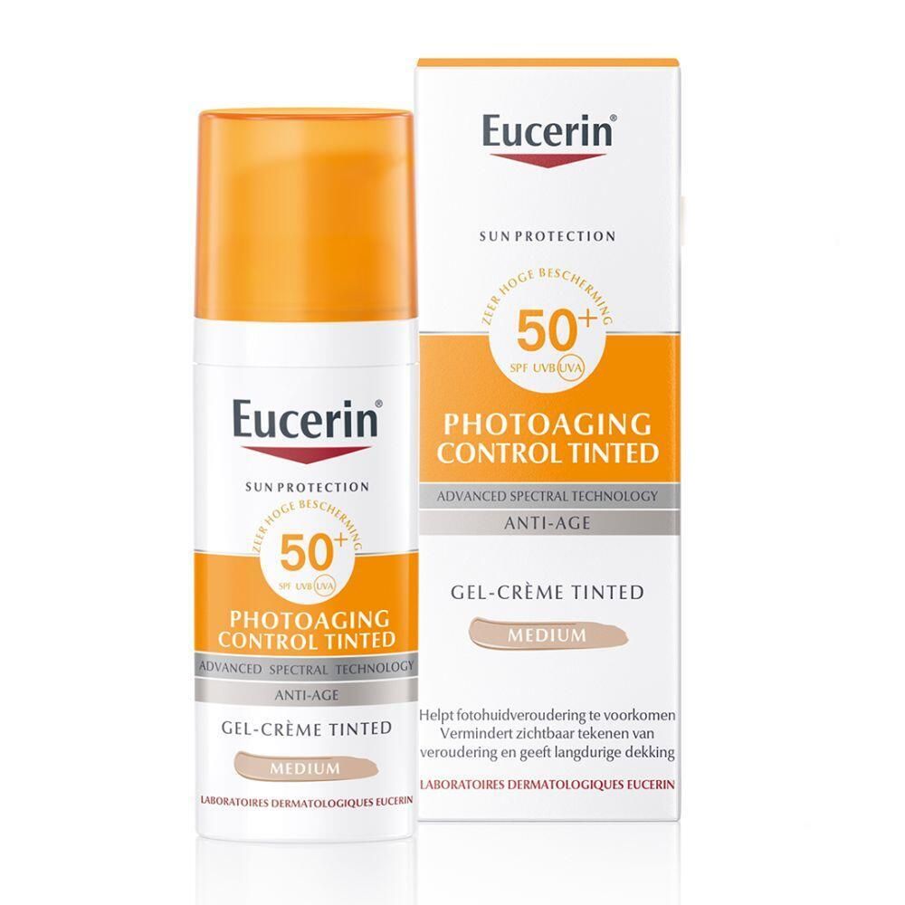 Eucerin Sun Photoaging Control Tinted LSF 50+ Medium. Fles en verpakking. Zonnebescherming met SPF 50+.