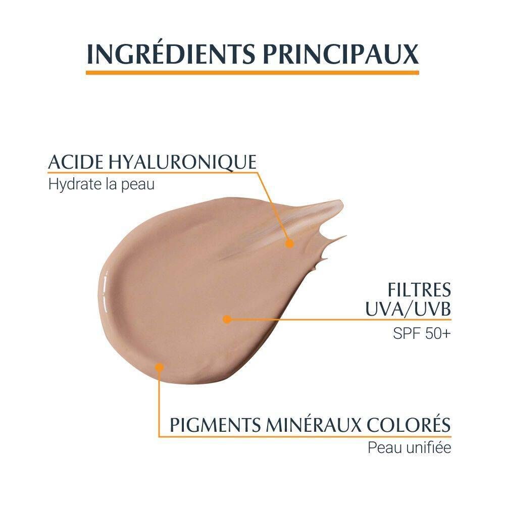 Échantillon de produit. Ingrédients principaux : Acide hyaluronique, filtres UVA/UVB SPF 50+, pigments minéraux colorés.