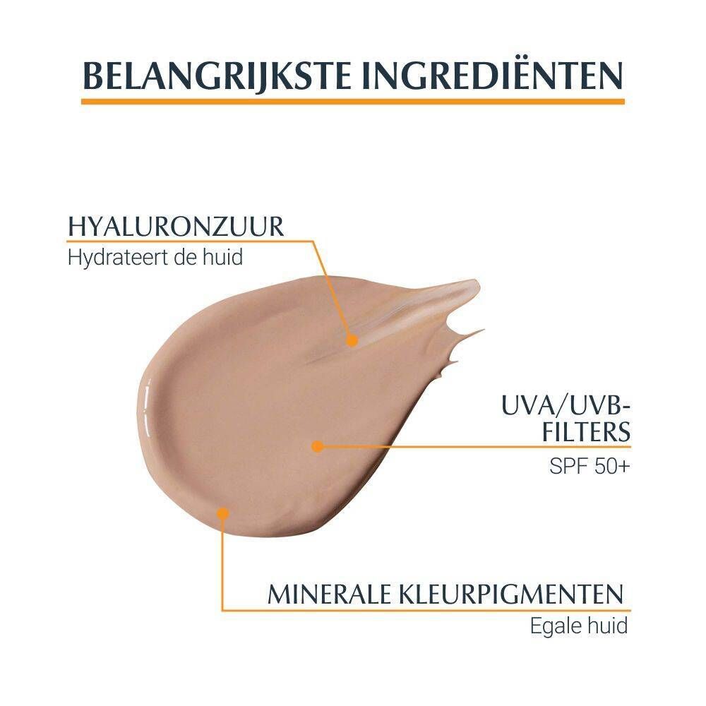 Productmonster. Belangrijkste ingrediënten: Hyaluronzuur, UVA/UVB-filters SPF 50+, minerale kleurpigmenten.