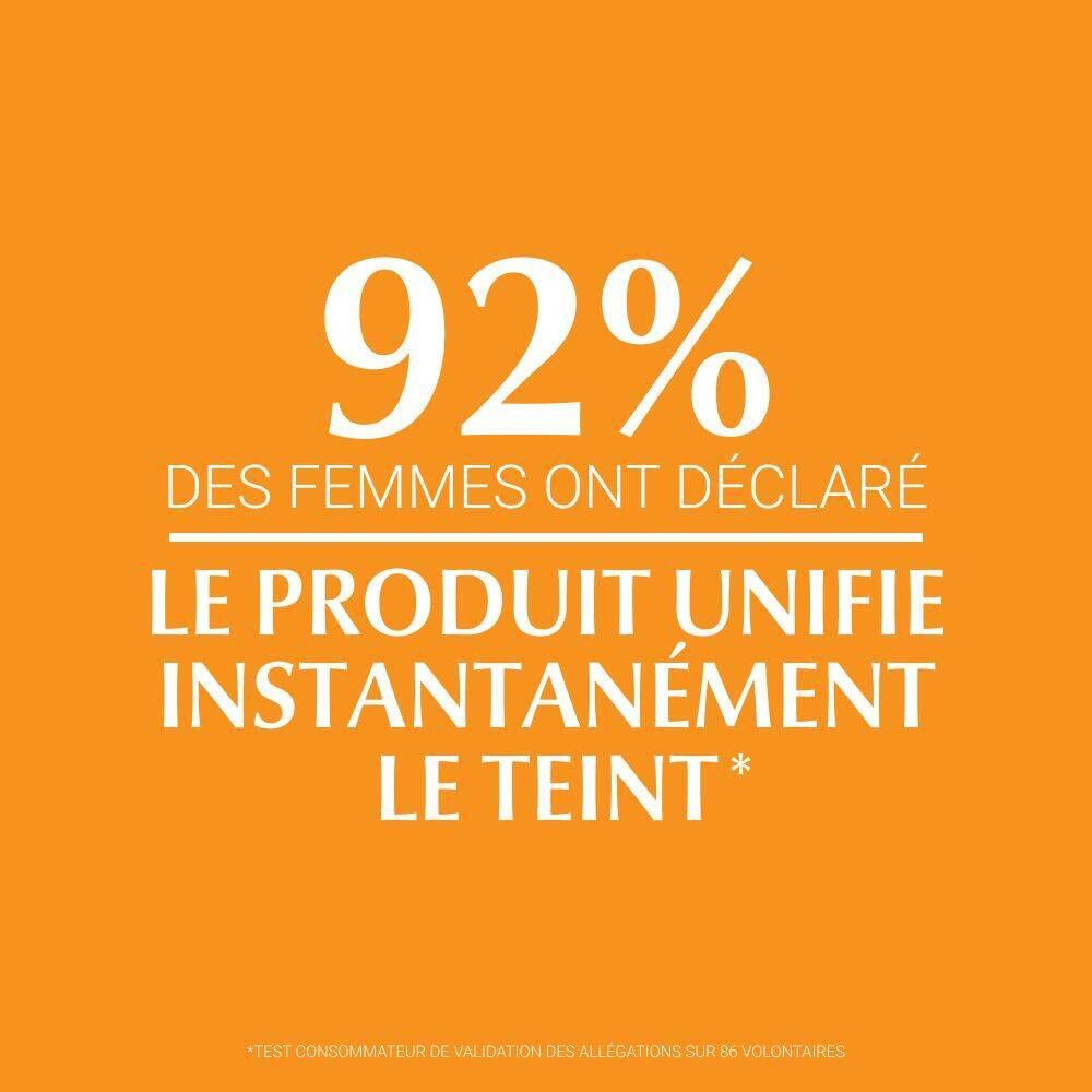 92% des femmes ont déclaré que le produit unifie instantanément le teint. Texte sur fond orange.