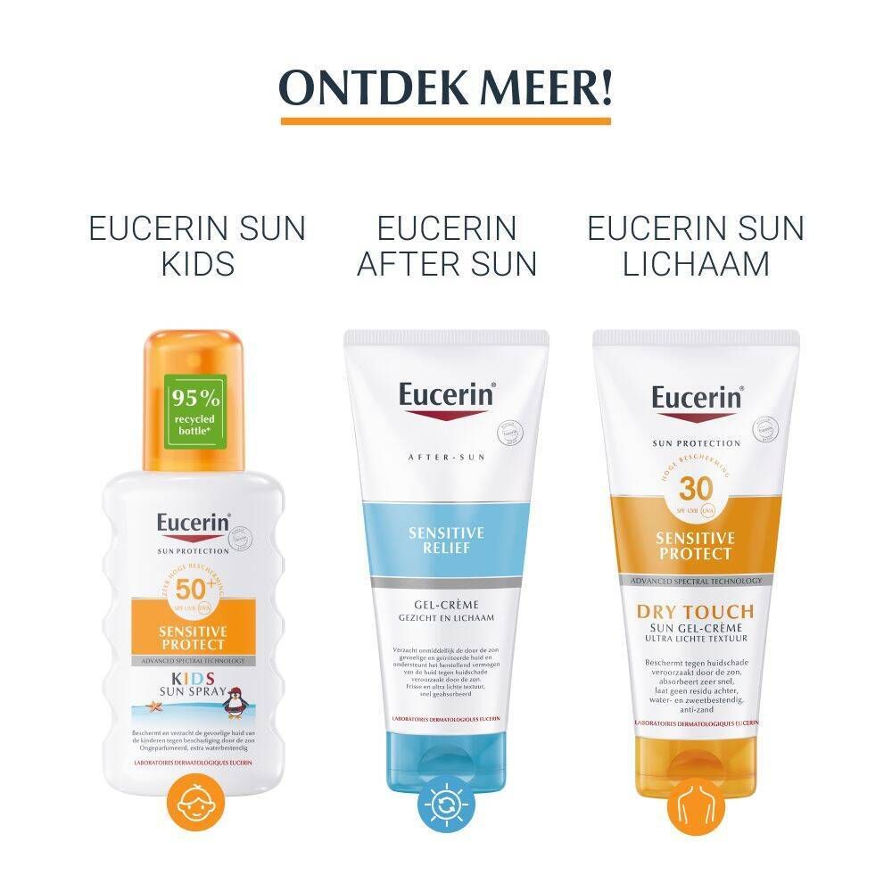 Eucerin-assortiment. Eucerin Sun Kids, After Sun en Sun Corps. Verschillende zonnebeschermingsproducten.