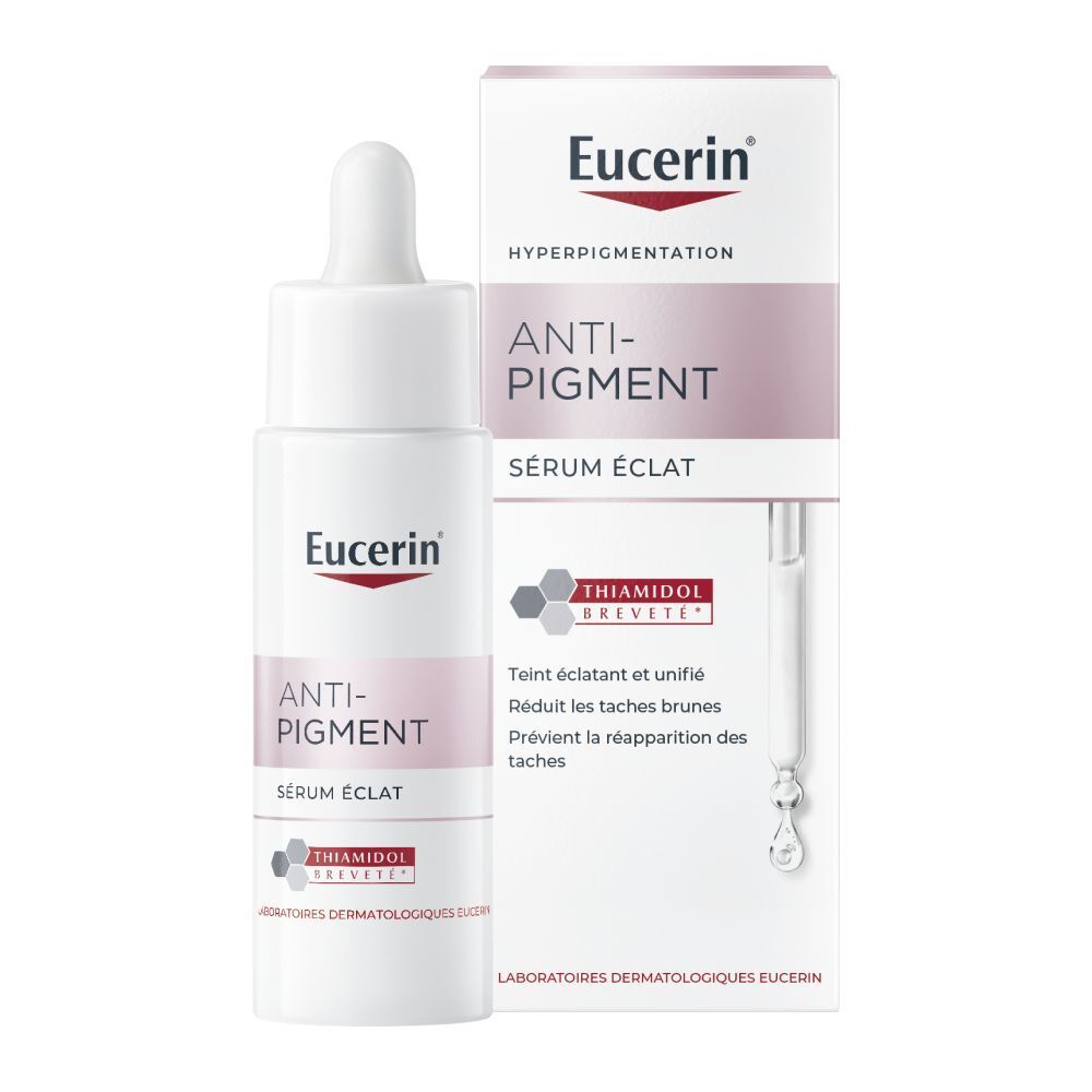 Sérum Anti-Pigment Eucerin, flacon et emballage. Contient du Thiamidol.
