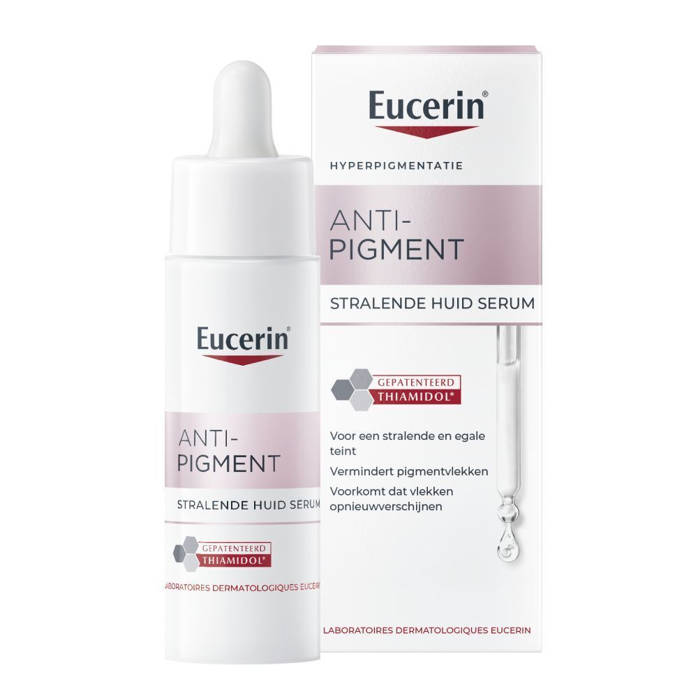 Eucerin Anti-Pigment Serum, fles en verpakking. Bevat Thiamidol.