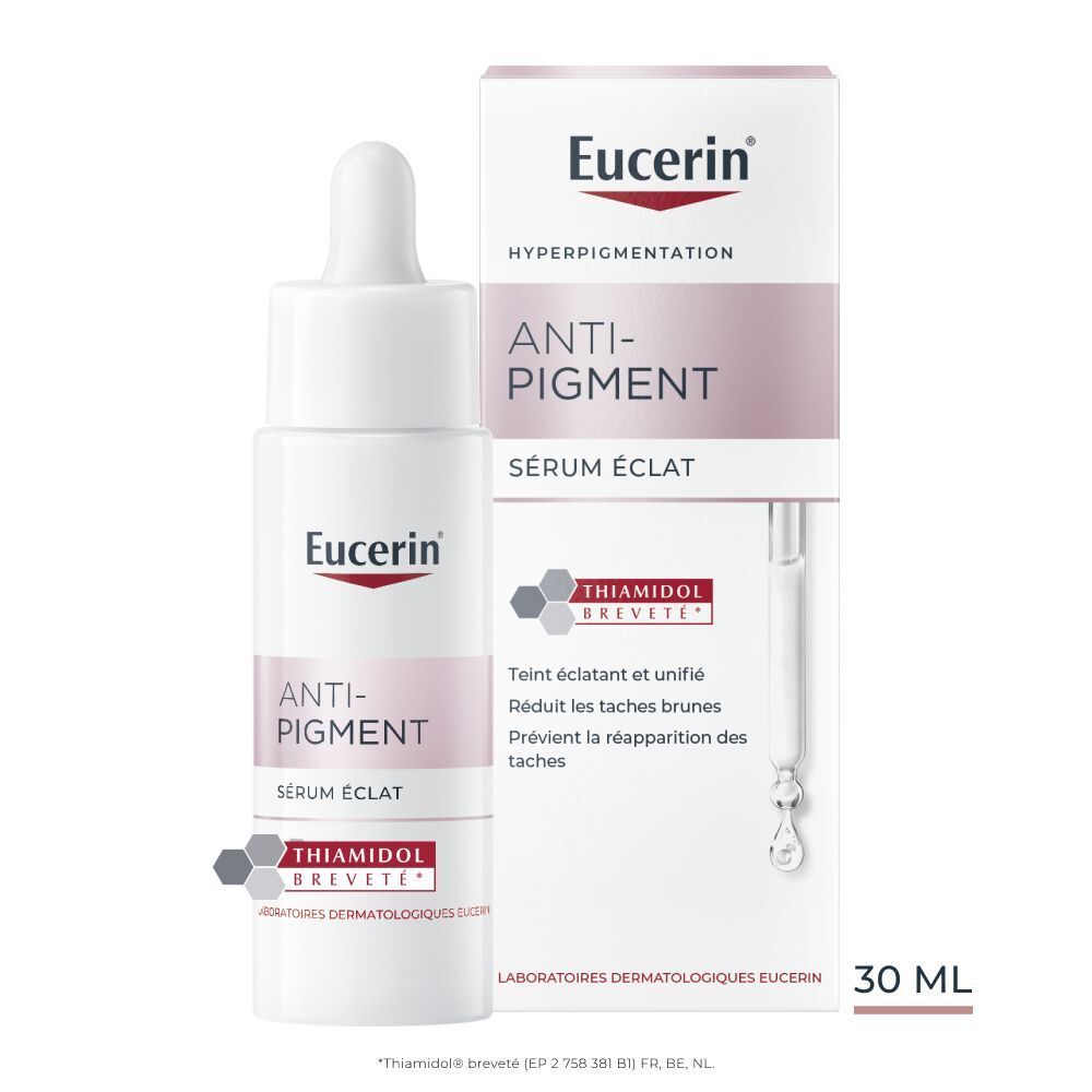Sérum Anti-Pigment Eucerin, flacon et emballage. 30 ml. Contient du Thiamidol.
