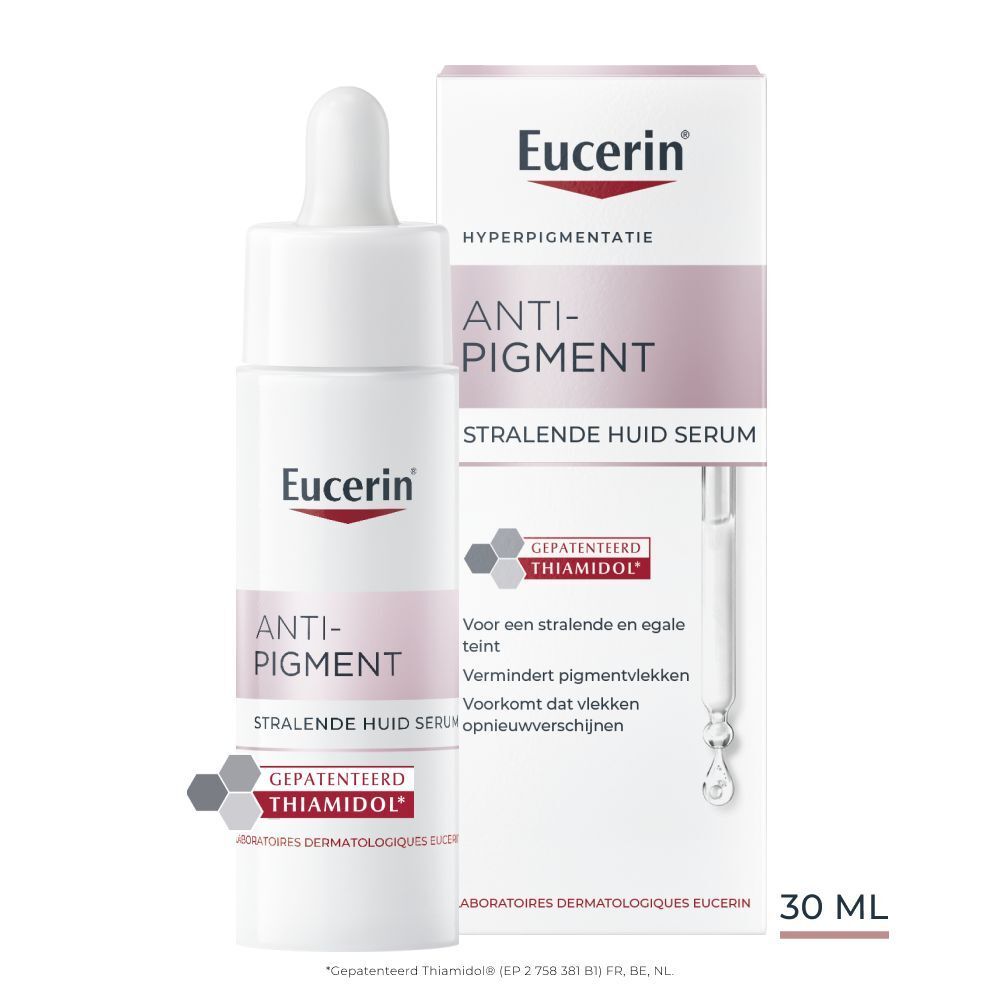 Eucerin Anti-Pigment Serum, fles en verpakking. 30 ml. Bevat Thiamidol.