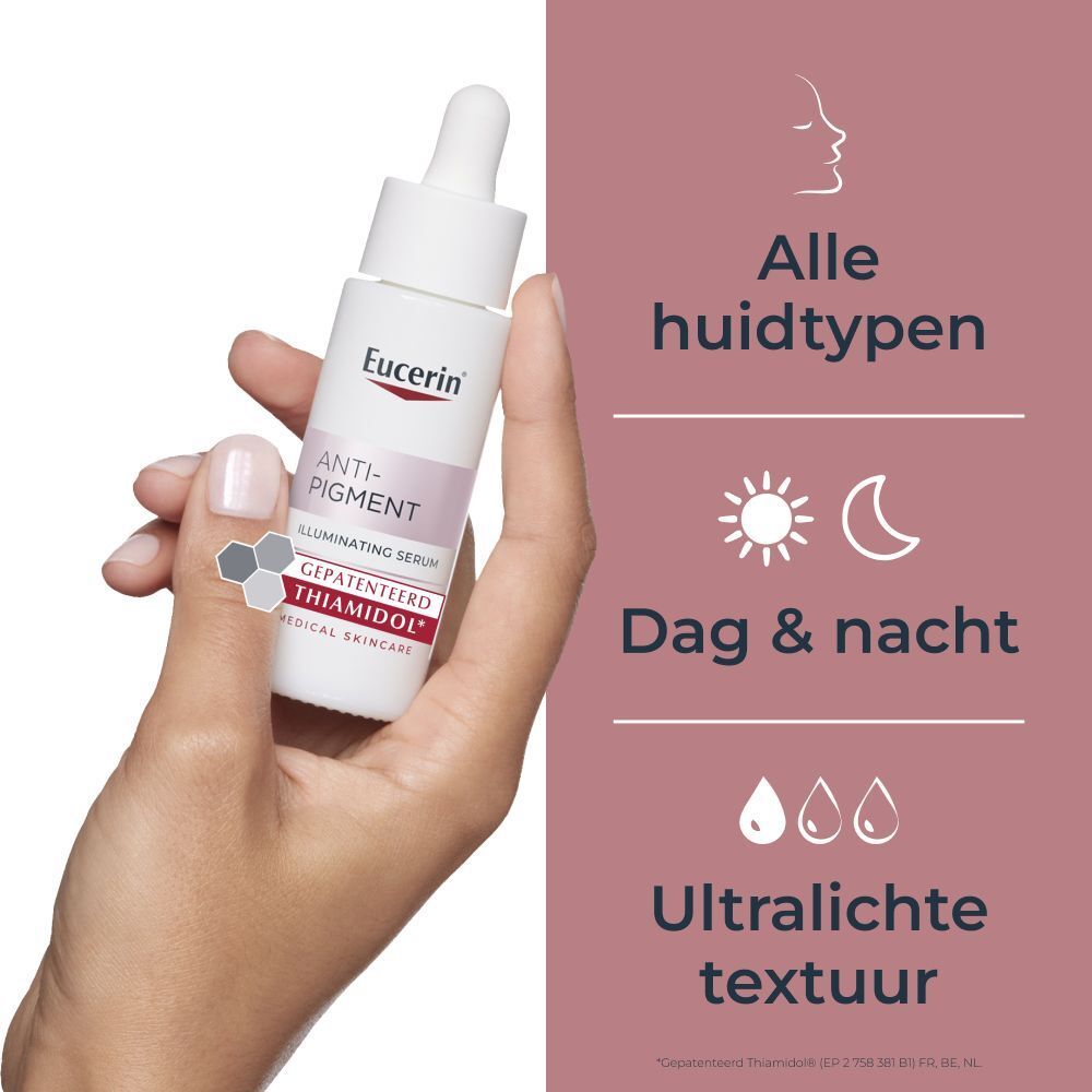 Vrouw houdt Eucerin Anti-Pigment Serum vast. Tekst: Alle huidtypen, dag & nacht, ultralichte textuur.