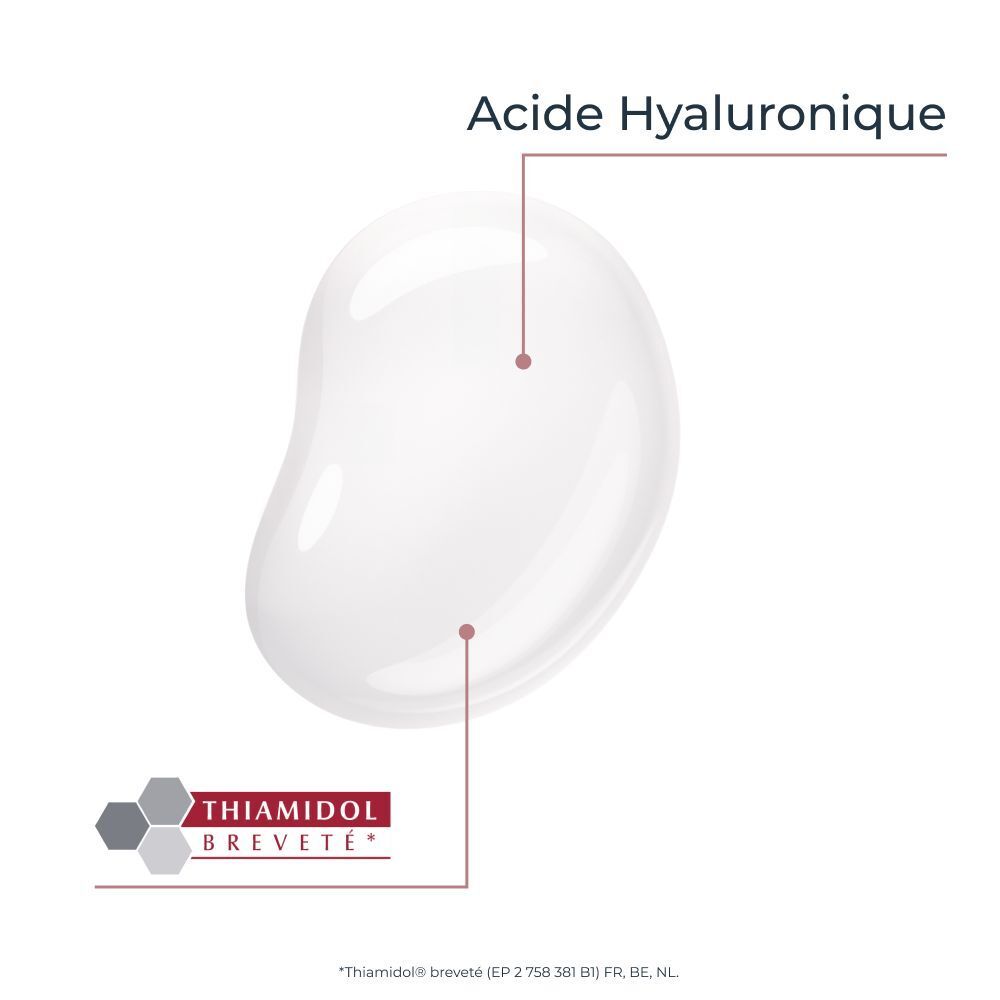 Goutte d'acide hyaluronique. Texte: Thiamidol.