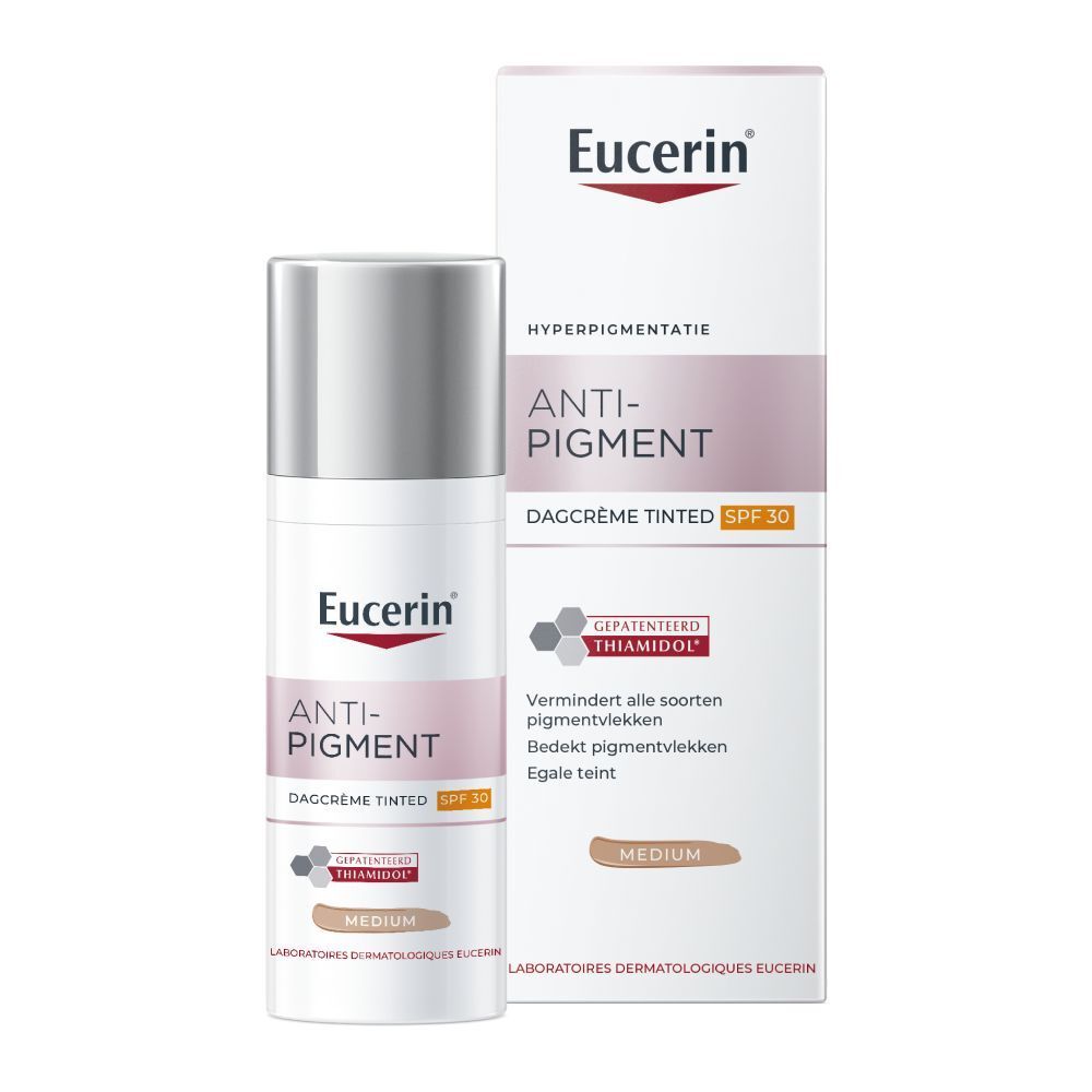 Eucerin Anti-Pigment getinte dagcrème Medium SPF 30. Fles en verpakking.