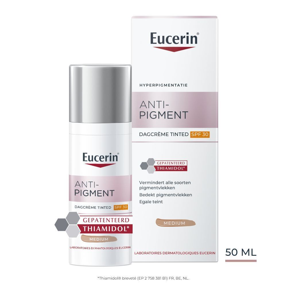 Eucerin Anti-Pigment getinte dagcrème Medium SPF 30. Fles en verpakking.
