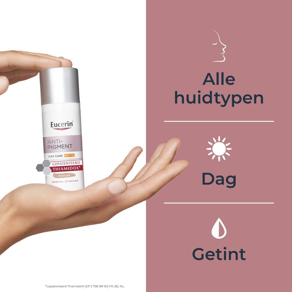 Hand met Eucerin Anti-Pigment. Tekst: Alle huidtypen, Dag, Getint.