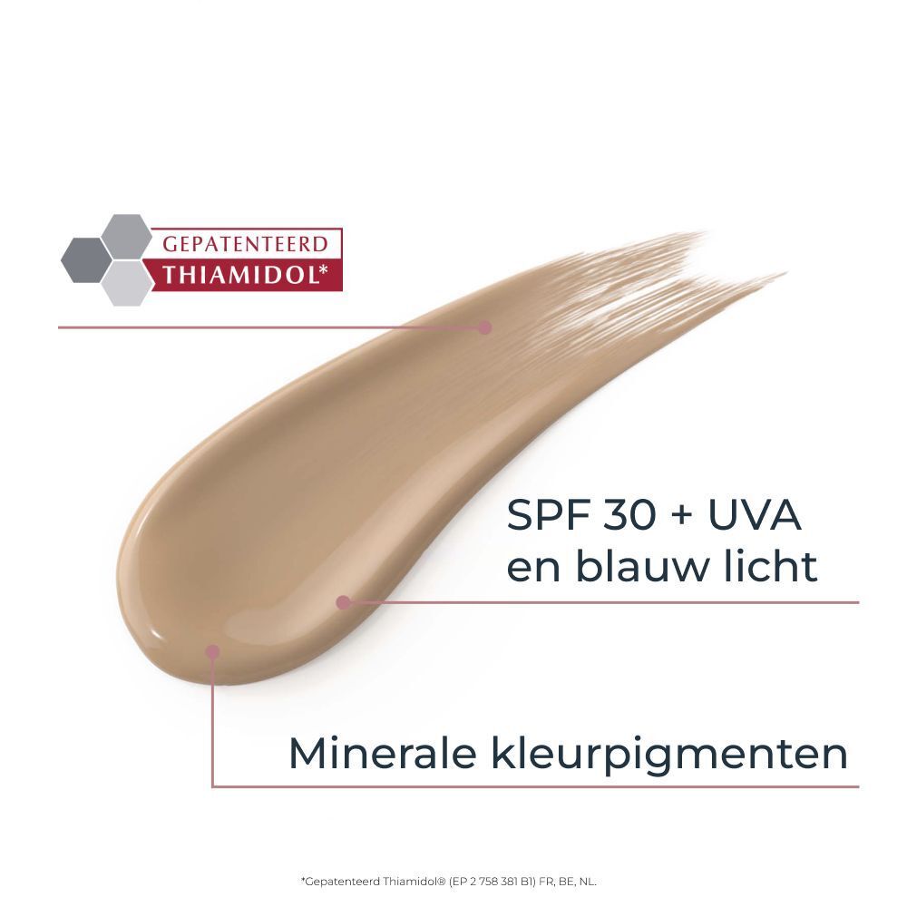 Producttextuur van Eucerin Anti-Pigment. Tekst: SPF 30, UV-bescherming, gekleurde minerale pigmenten.