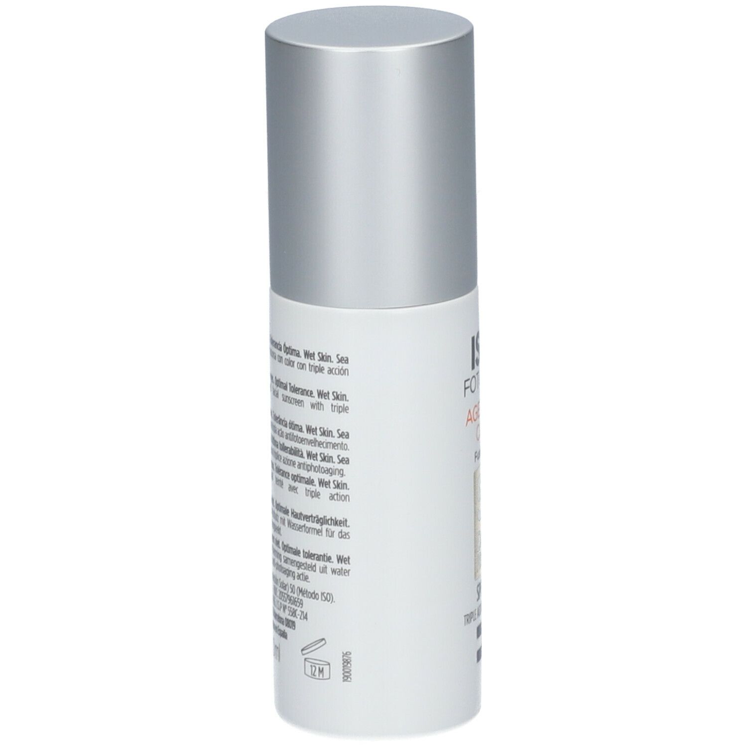 Flacon ISDIN FotoUltra Age Repair Color SPF50. Dos avec texte. Bouchon argenté. Étiquette blanche.